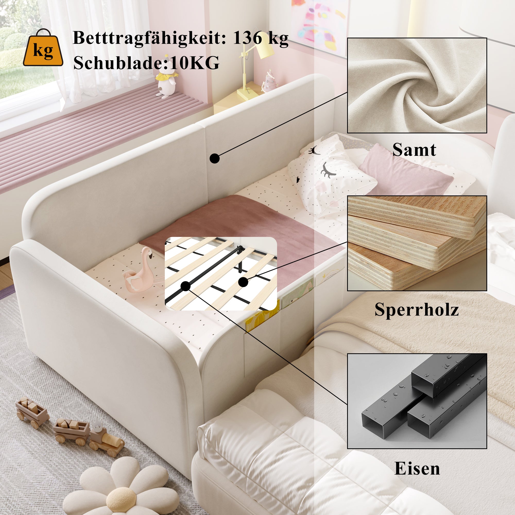 Children's Spliced Bed Upholstered Daybed Sofa Storage Drawers 90x200cm, White Velvet