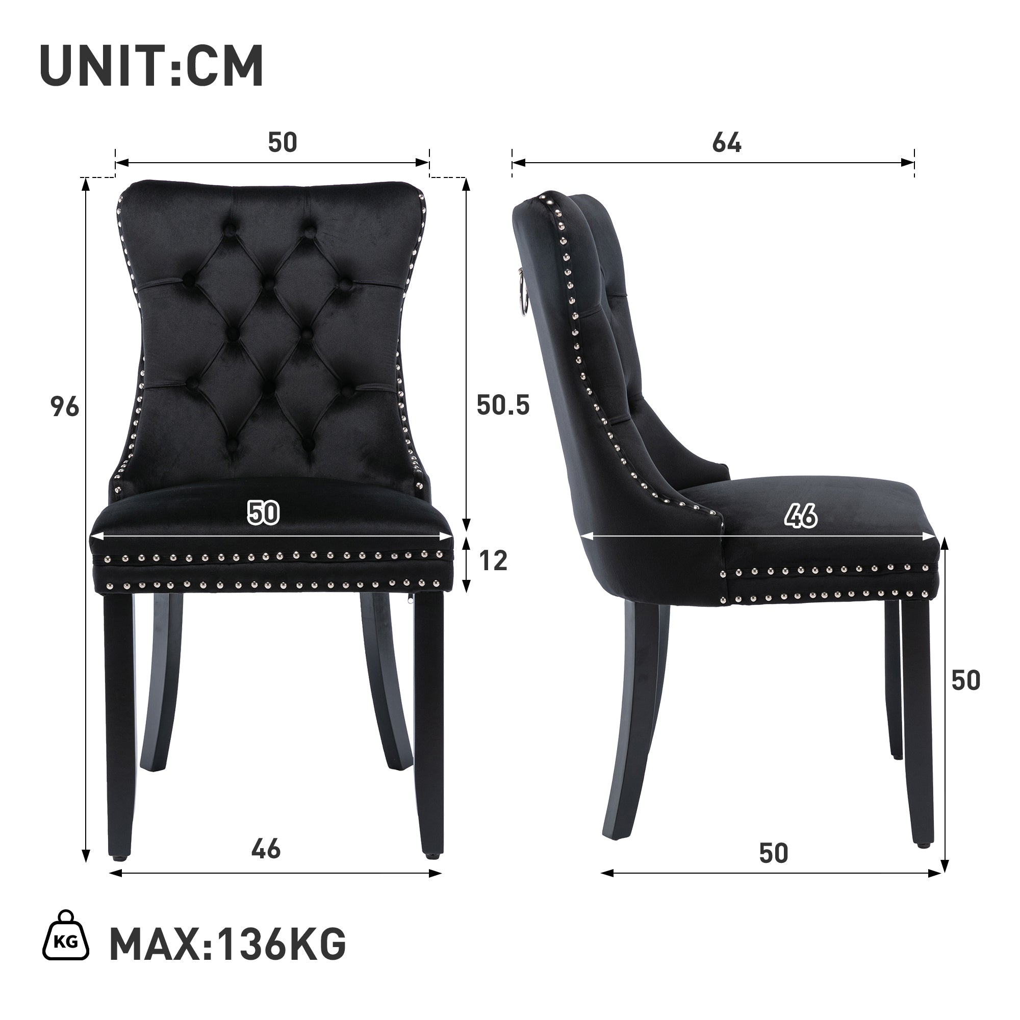 Modern Set of 2 Upholstered Velvet Dining Chairs, Button Tufted with Solid Wood Legs, Black
