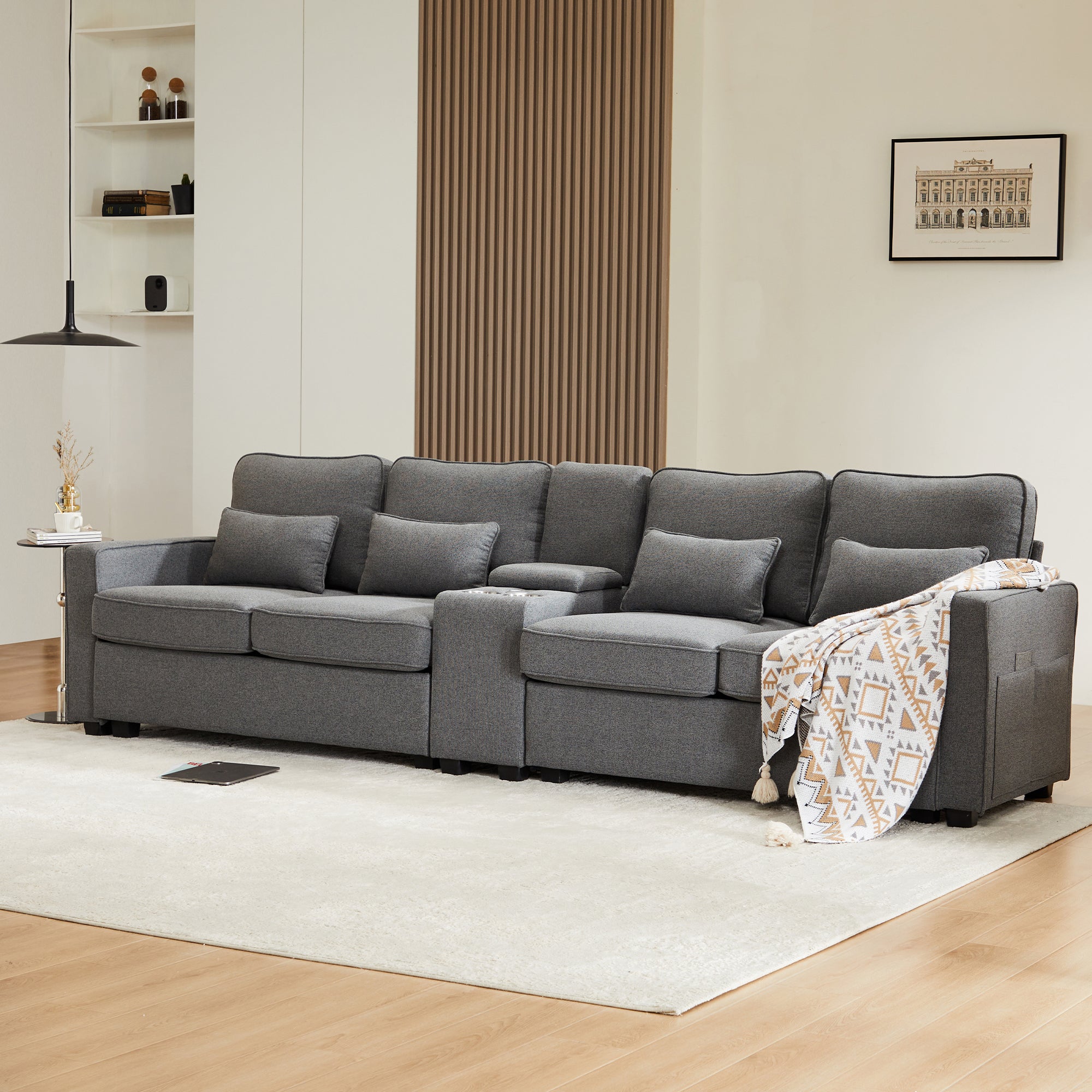 Sofa, Modern 4-Seater with Console, USB, Cupholders, Linen Fabric
