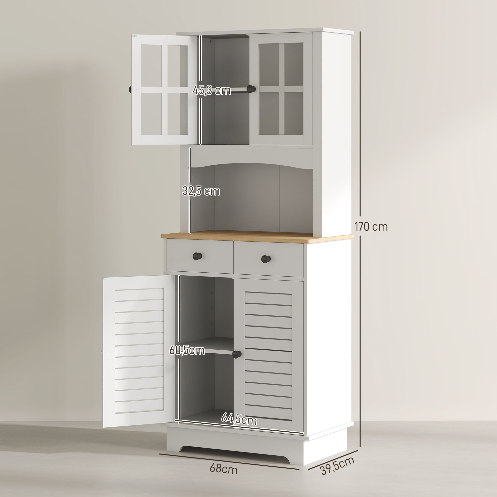 Kitchen Cabinet Glass Doors 2 Drawers - Wood White