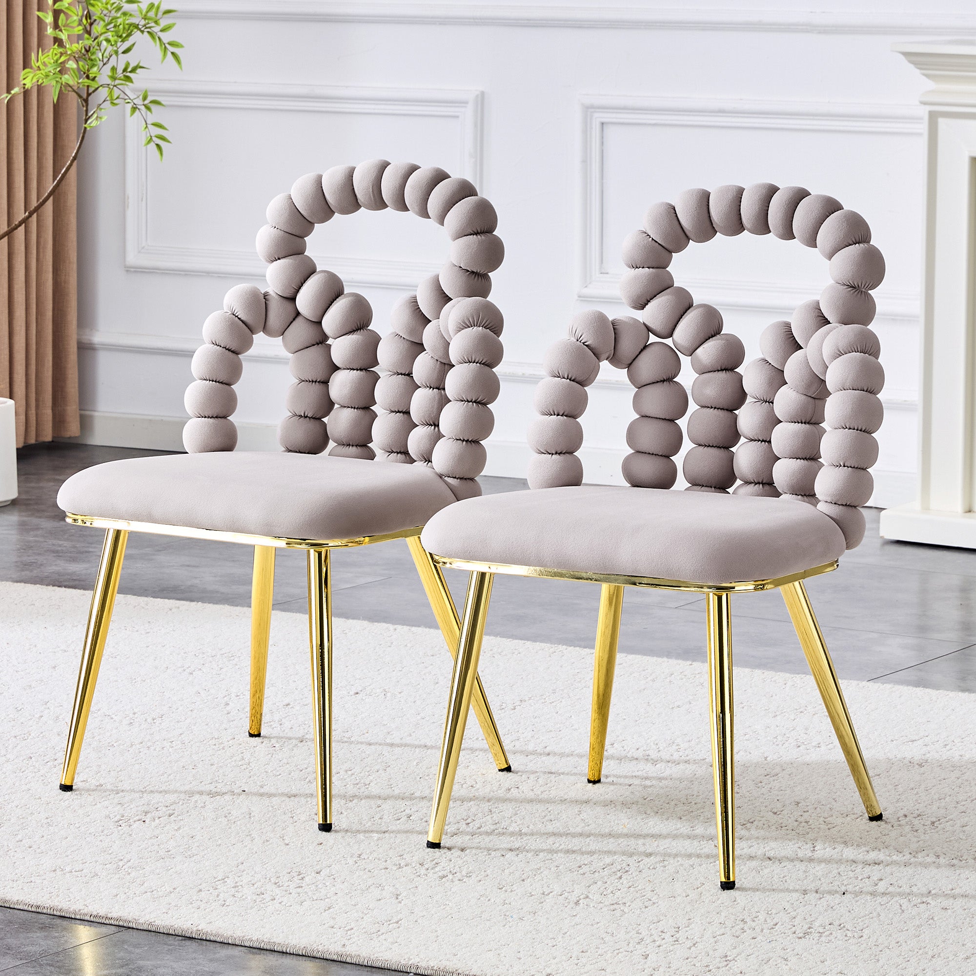 Dining Chairs, Set of 2 Ball Chain Backrests Sturdy Gold-Plated Metal Legs, Light Grey Velvet