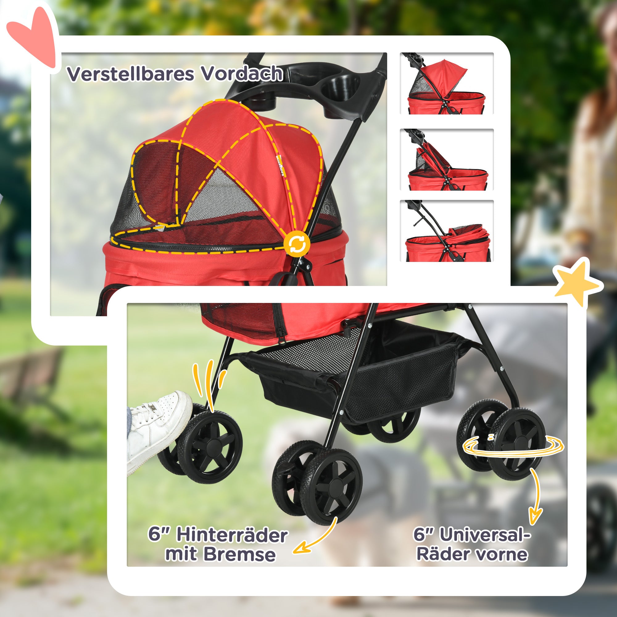 Dog Buggy Foldable Small Dogs & Cats, Oxford Red
