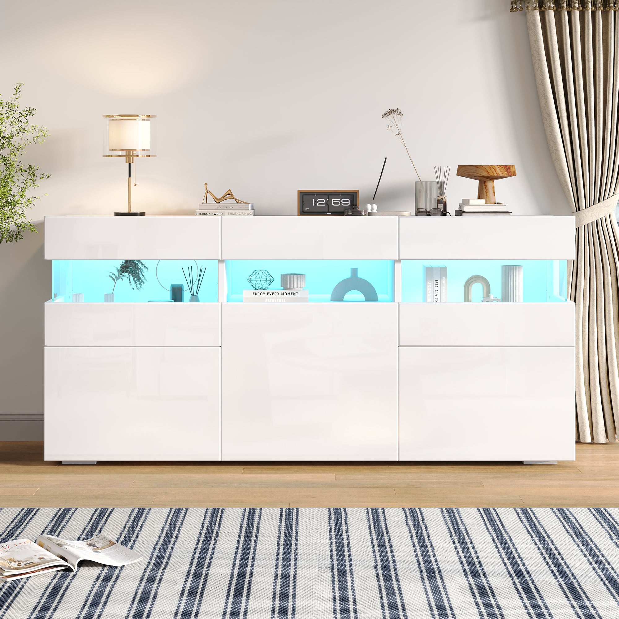 Living Room Sideboard 3-Door Cabinet LED Light Acrylic High-Gloss White