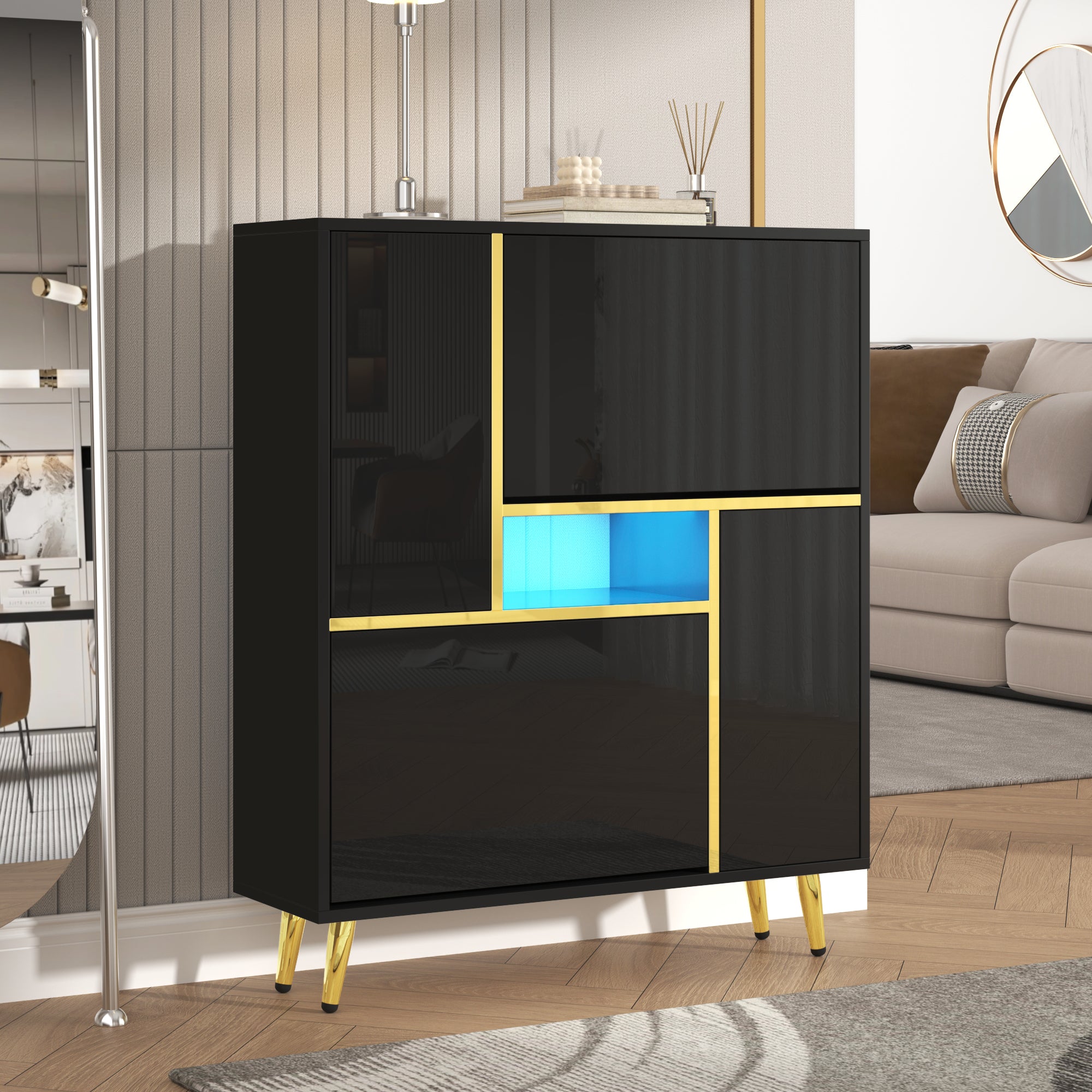 Modern shoe cabinet, high-gloss front, 16-color LED light, black