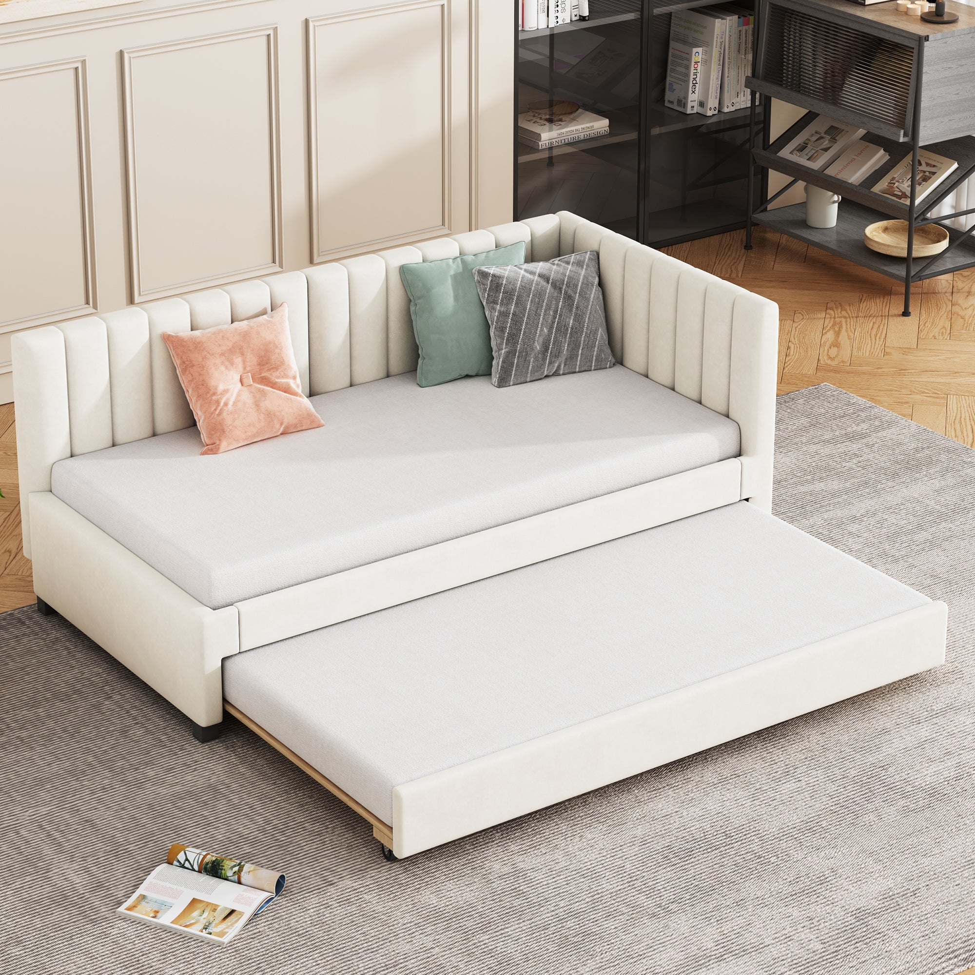 Upholstered Bed 90*200, Pull-Out Sofa Bed, Multifunctional with Slatted Frame, Velvet Fabric Beige