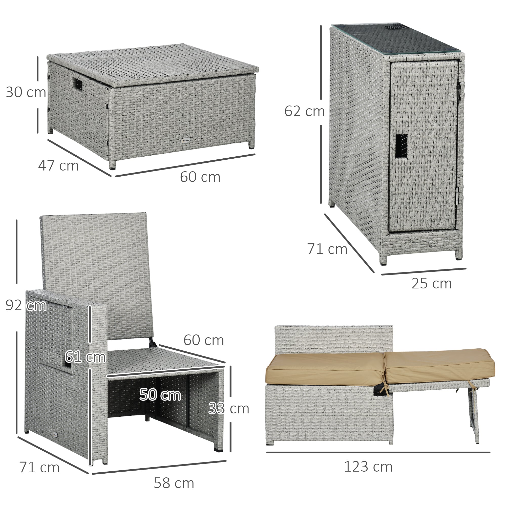 5PC Sun Lounger Set, 5-Level Adjustable Recliner with Storage Side Table & Footstools, PE Rattan Wicker, Beige