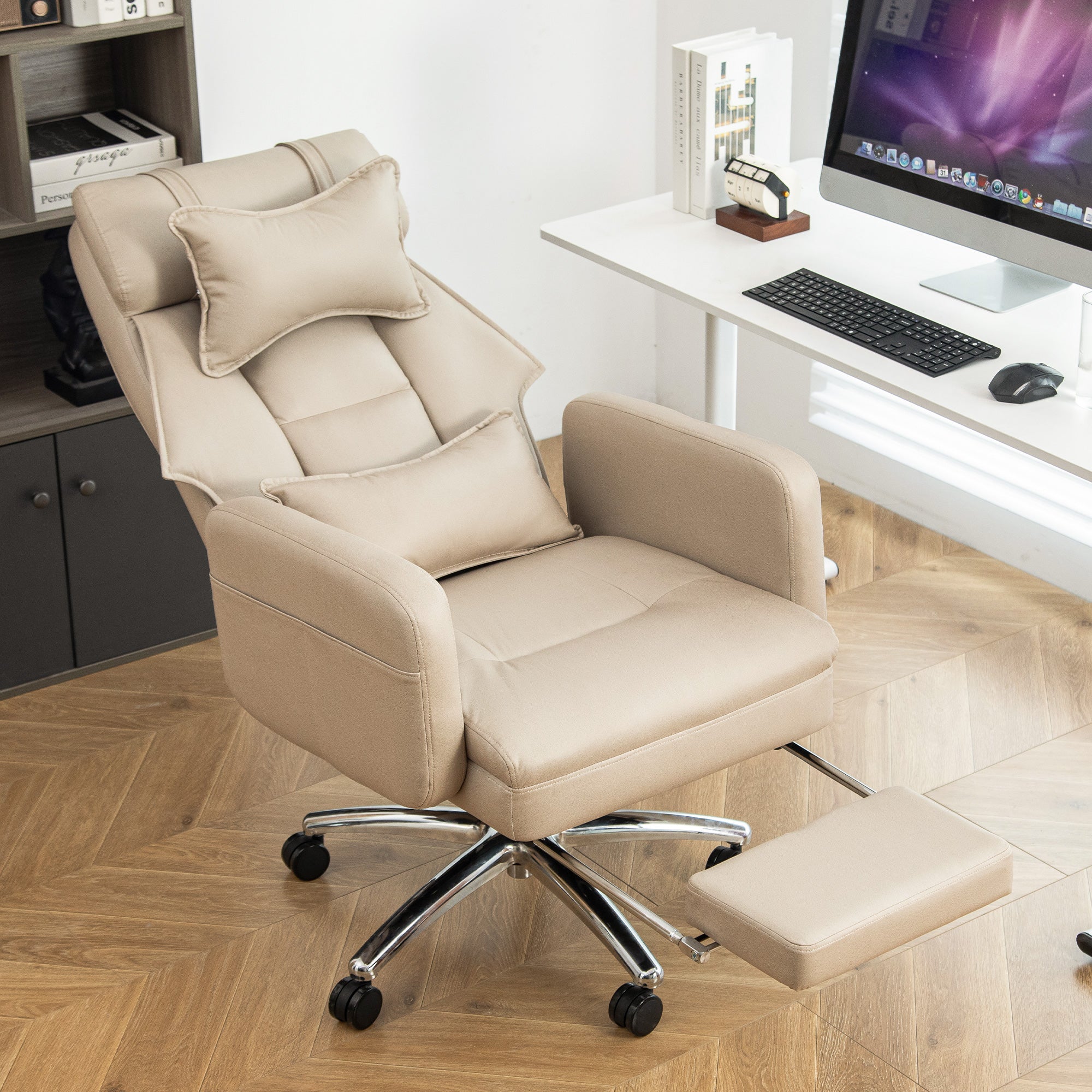 Swivel Office Chair Ergonomic High Back Lumbar Support Headrest 155° Reclining Technology Leather Beige