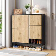 Shoe Cabinet with Changing Stool, 3 Flaps & Open Storage, Black + Wood Color