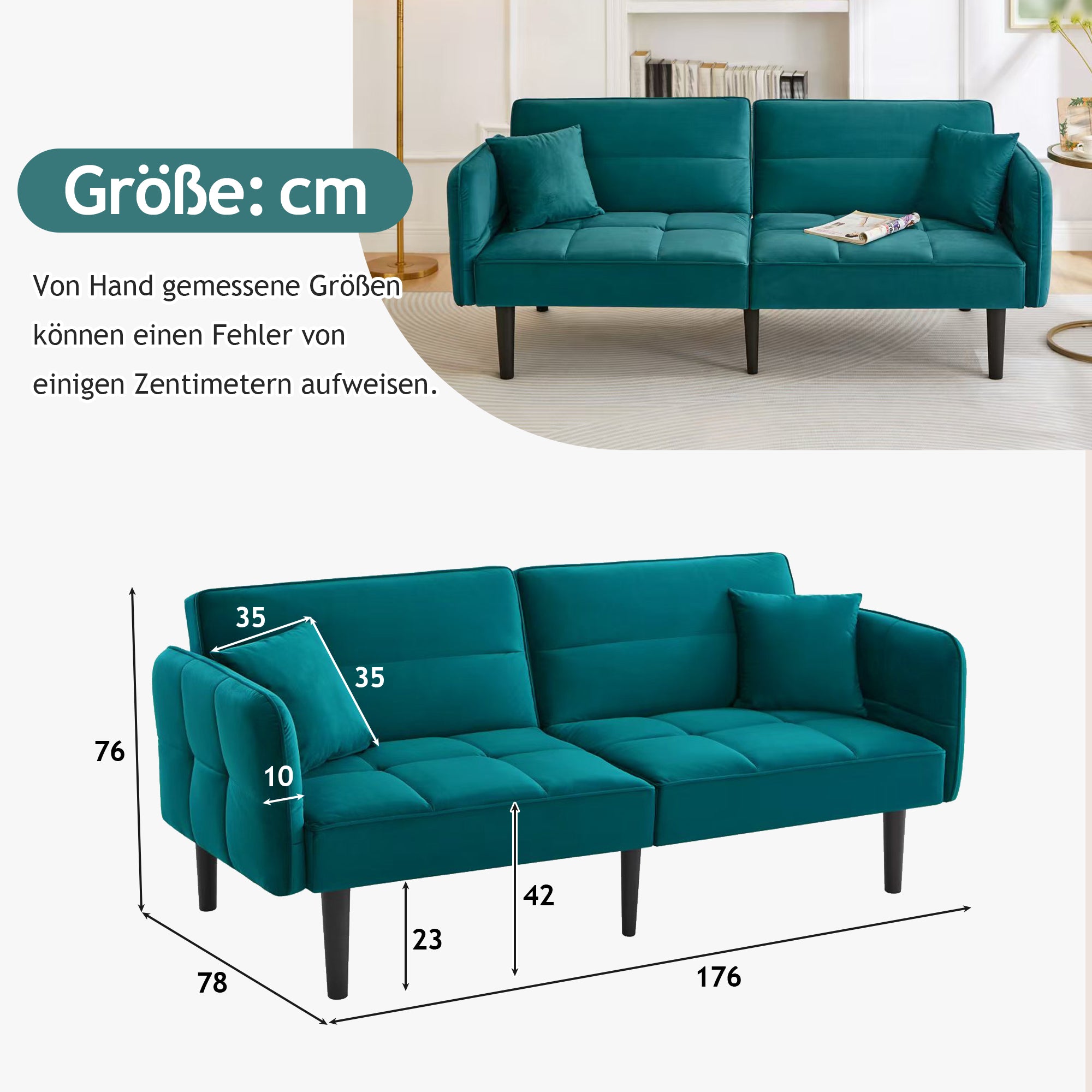 2-in-1 Adjustable Sofa Bed, Two-seater Folding Sleeping Function, Velvet