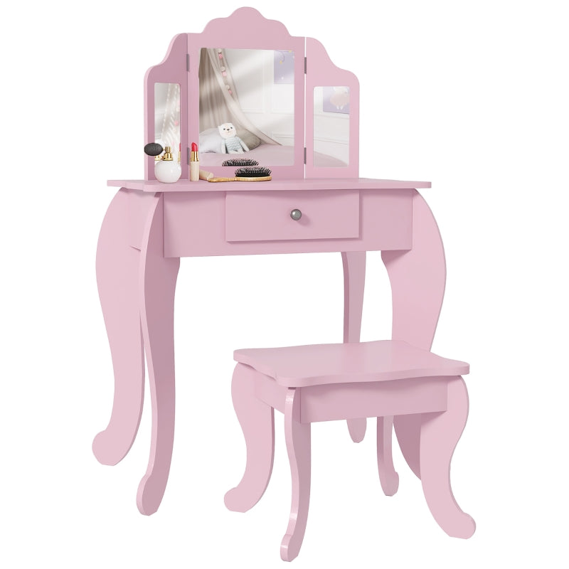 Kids Vanity Table and Chair Set with Tri-Folding Mirror, Stool, and Drawer, Pink