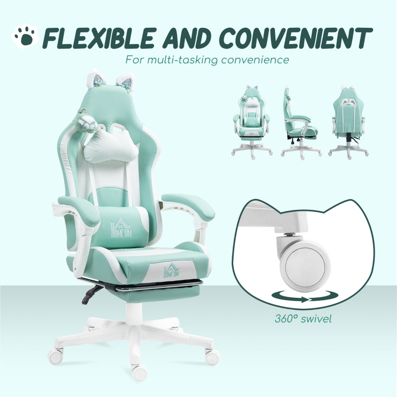 Cat Ear and Paw Office Chair Reclining with Footrest, Light Blue/White