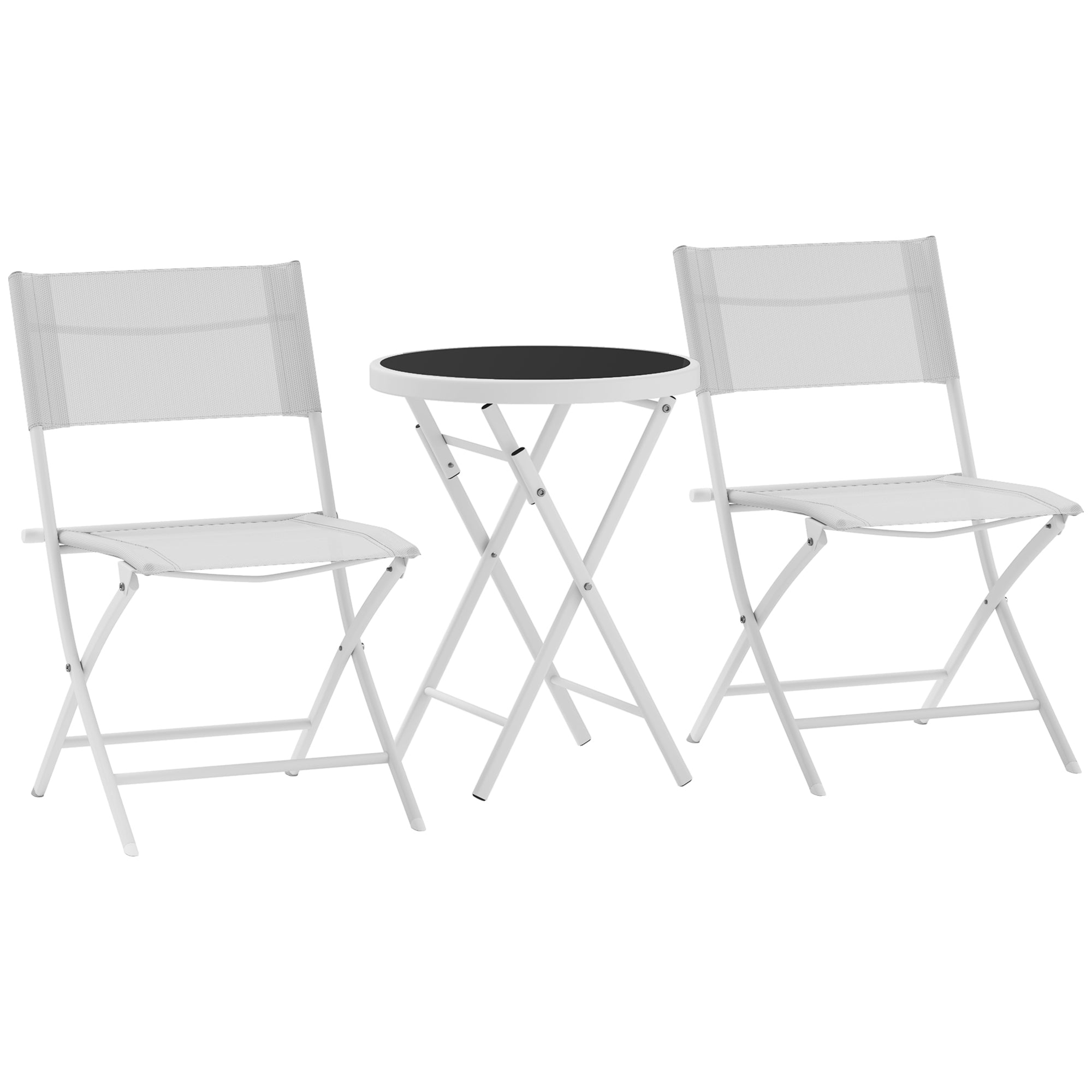 3 Piece Outdoor Bistro Set, Glass Top Table and 2 Folding Chairs, White