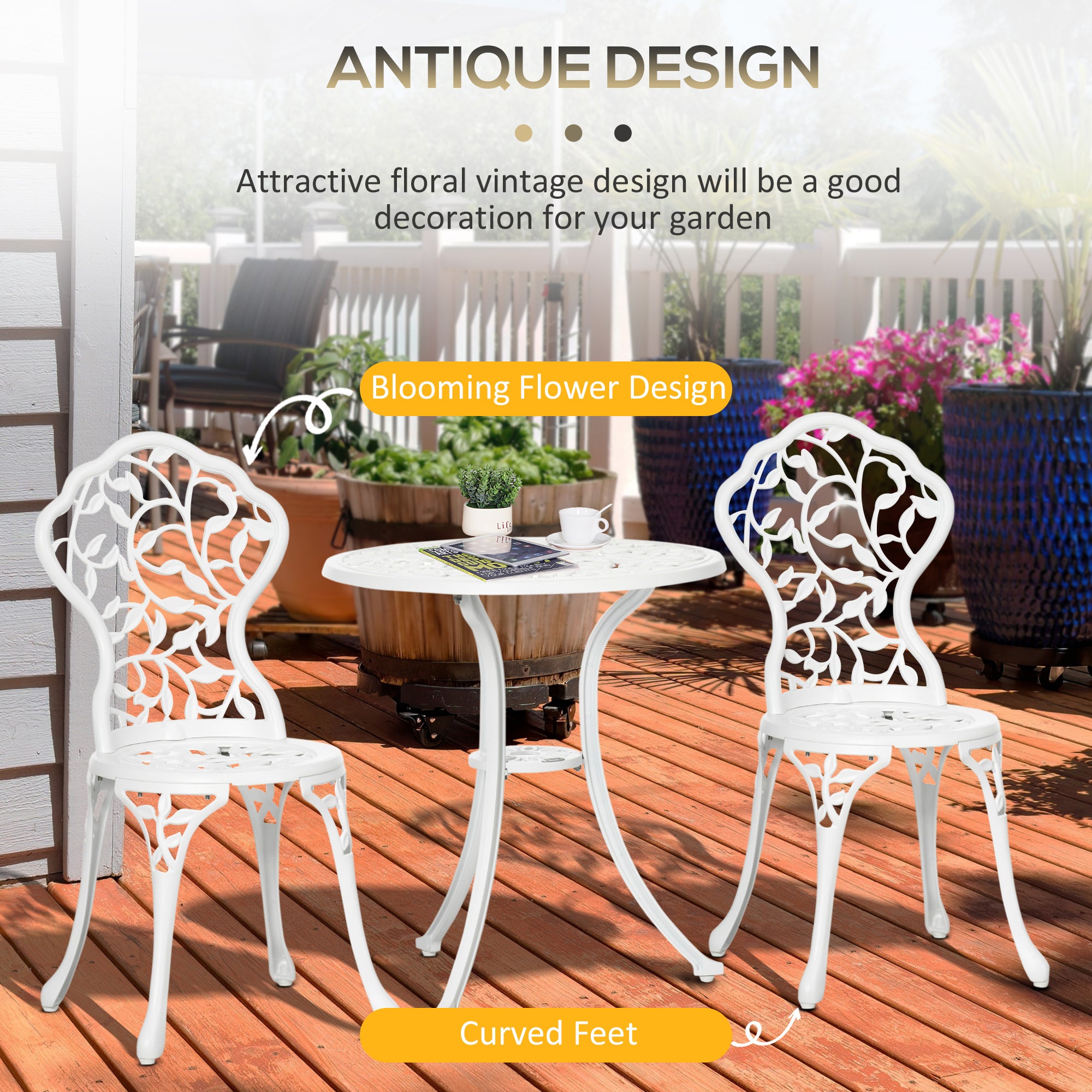 3 Pcs Bistro Set, Garden Dining Table Chairs Antique Outdoor Seat, Aluminium White