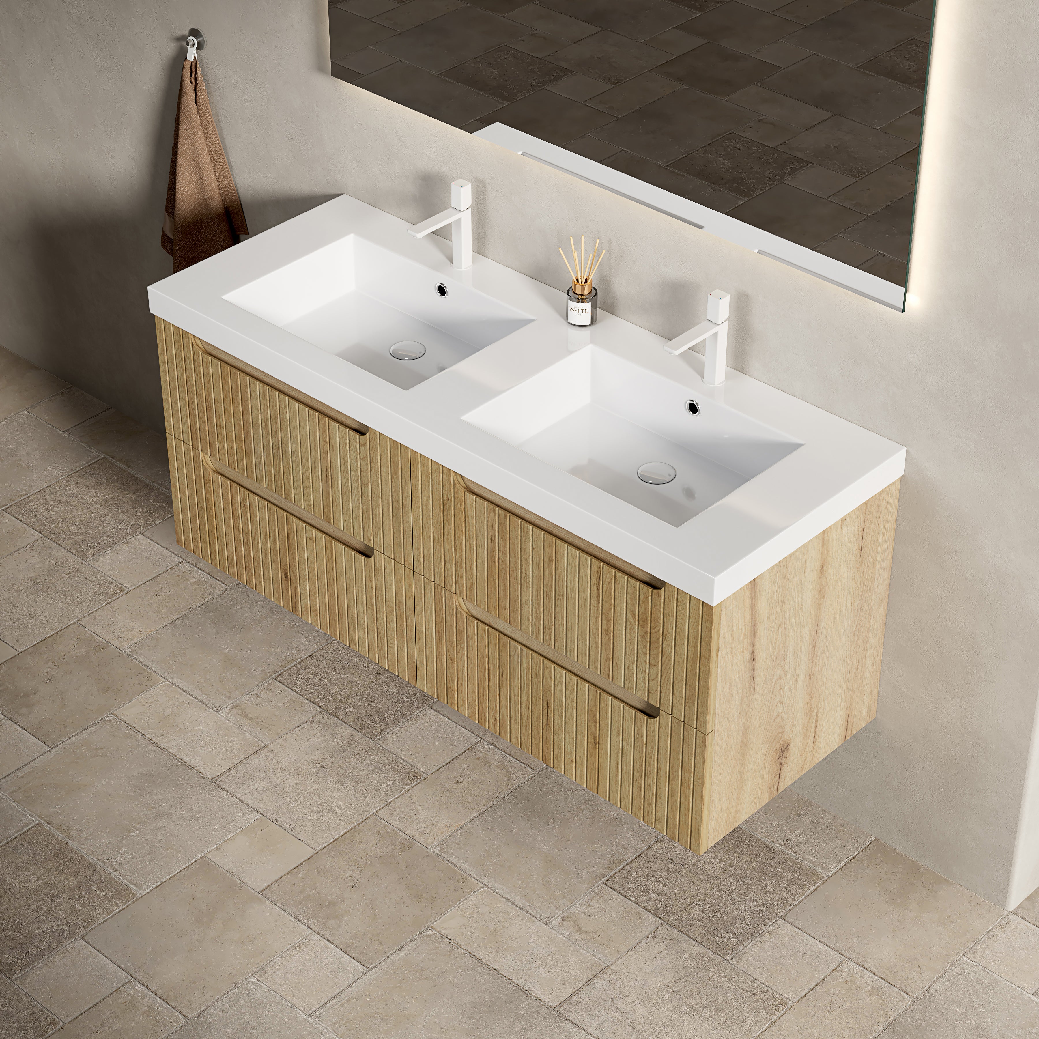 Floating Bathroom Vanity Unit with 2 Undermount Sinks and 4 Drawers, White Oak Wood Grain