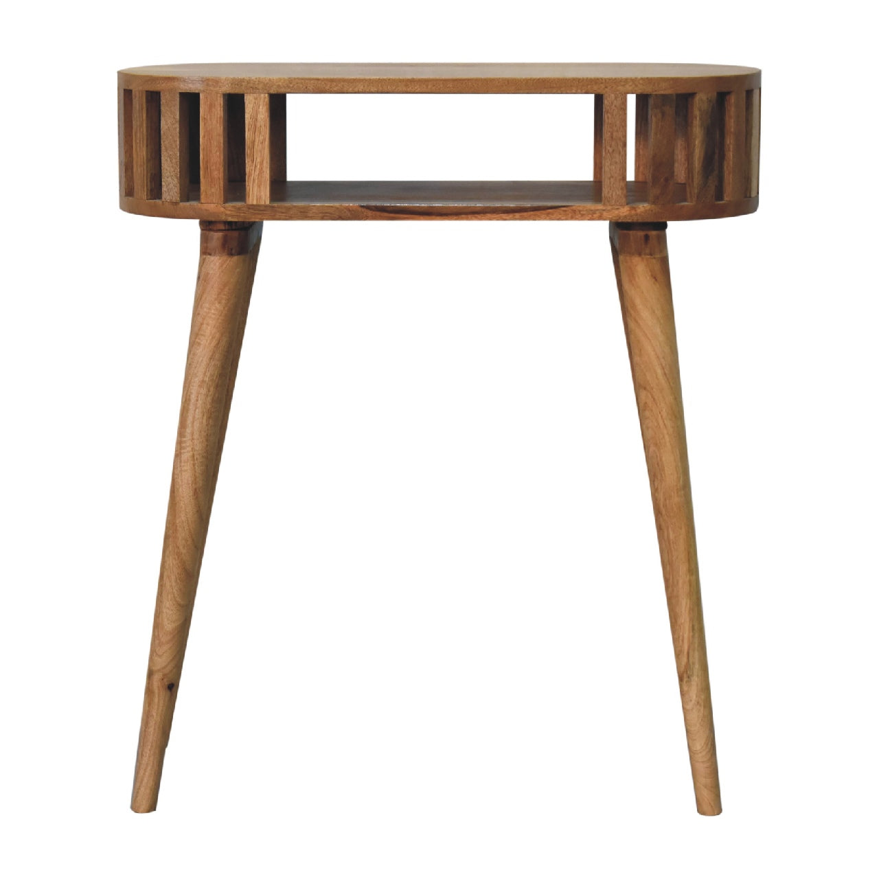 Ariella Console Table, Open Shelf Nordic Legs, Solid Wood Brown