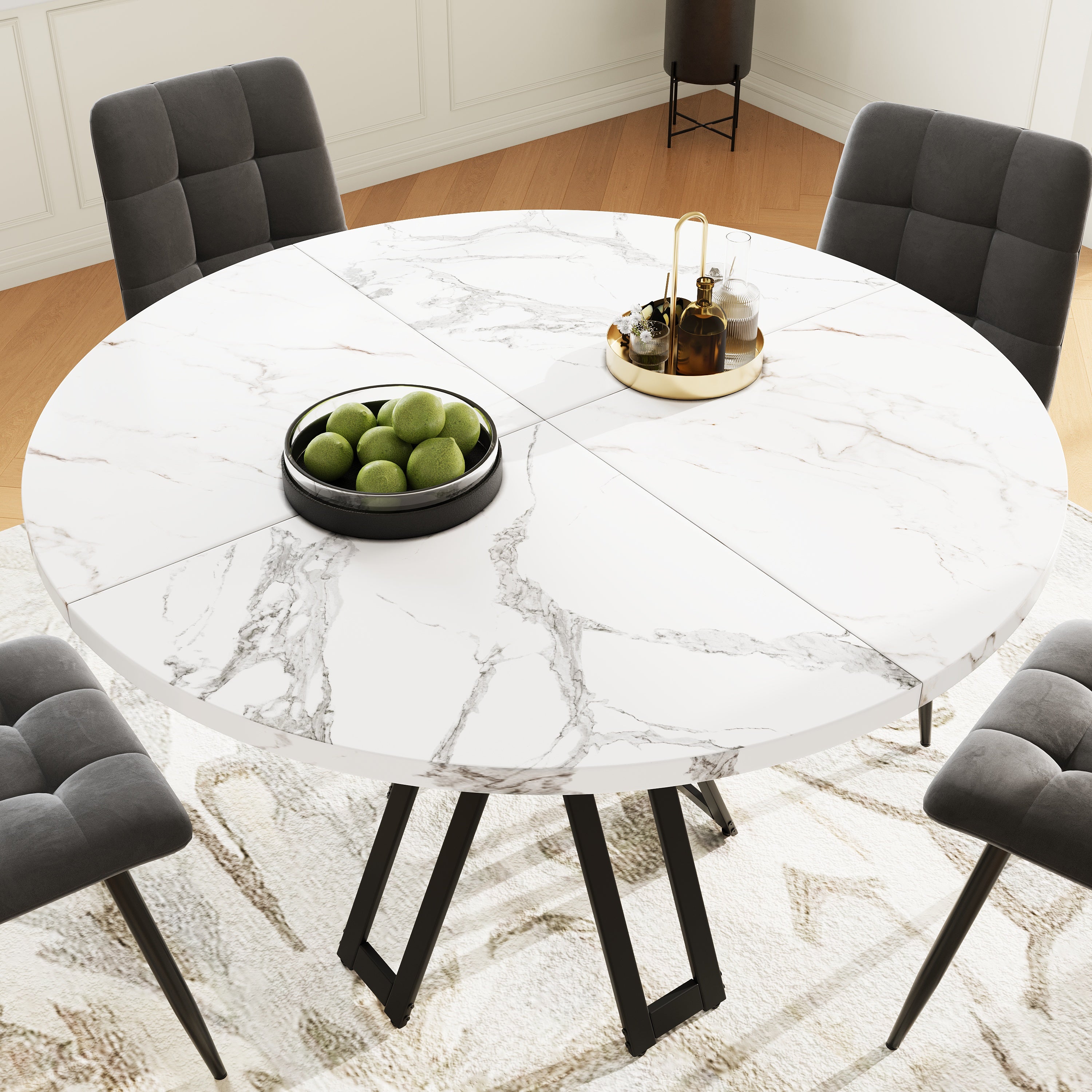 Round Dining Table, Lightweight Luxurious 4-6 Person, Black Legs Marbled MDF