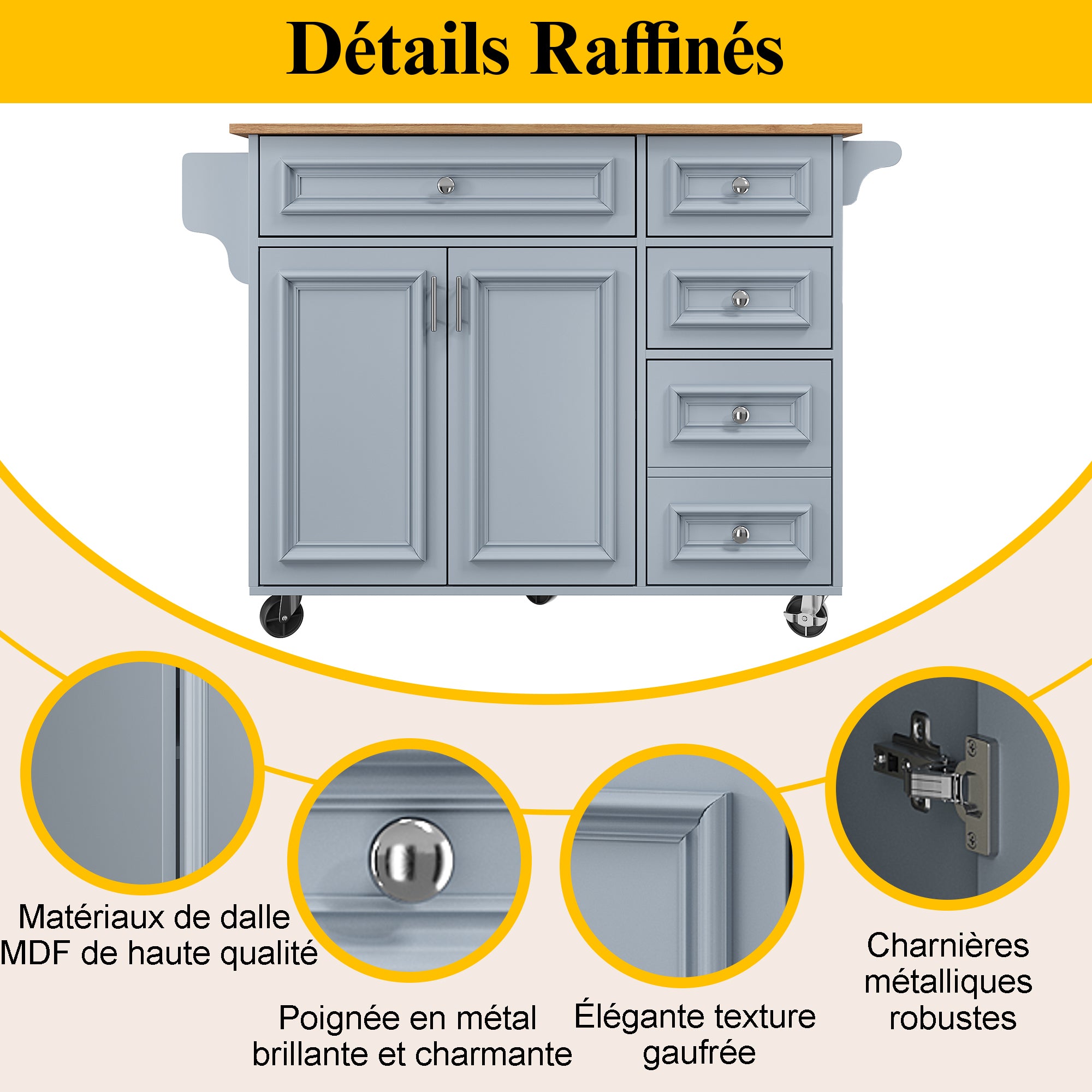 Kitchen Island 110cm Extendable Dining Table with Storage & Removable Trolley, Blue