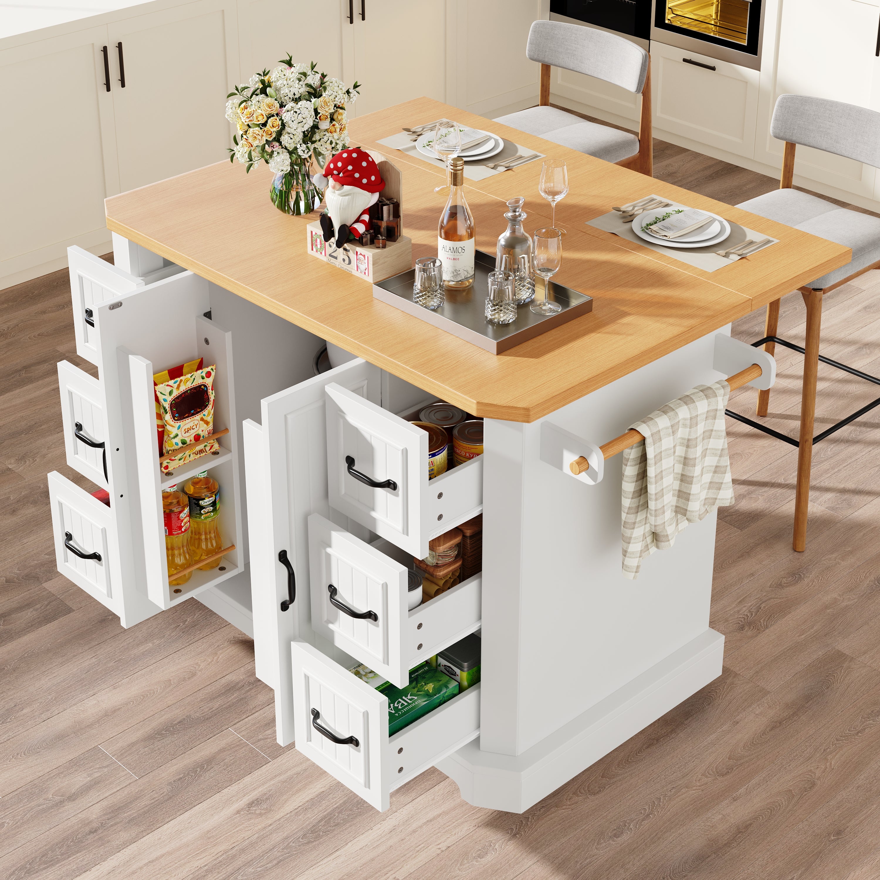 Mobile Kitchen Island with 2 Doors and 6 Drawers, White and Black