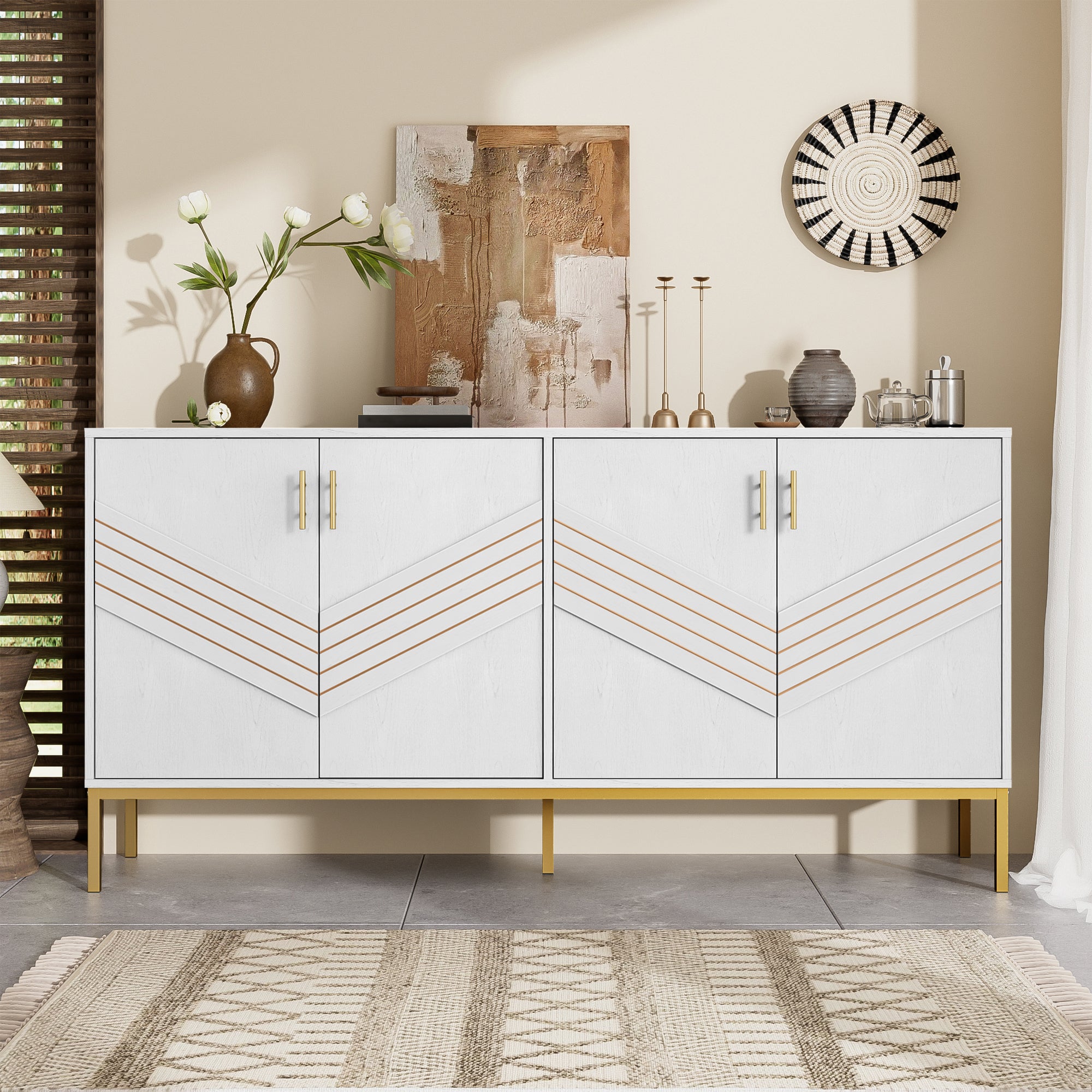 Sideboard, 4 Doors, Large Capacity, Height-Adjustable, White & Gold MDF