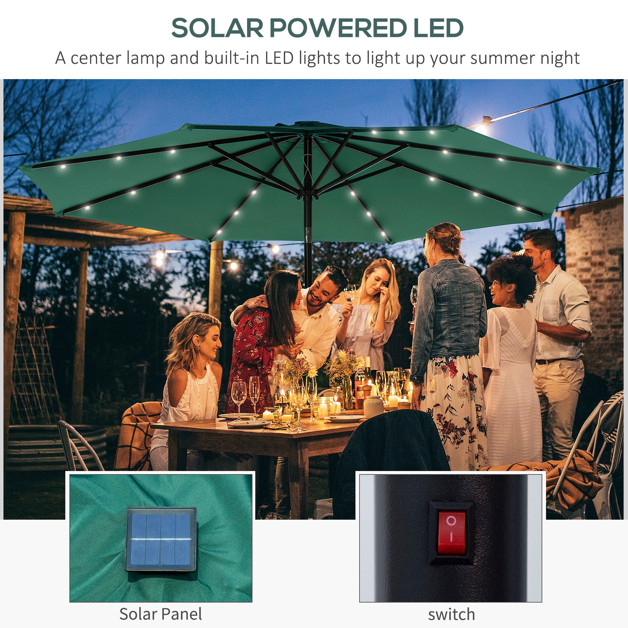 2.7m Patio Garden Parasol Umbrella with Tilt Crank and 24 LEDs Lights, Green