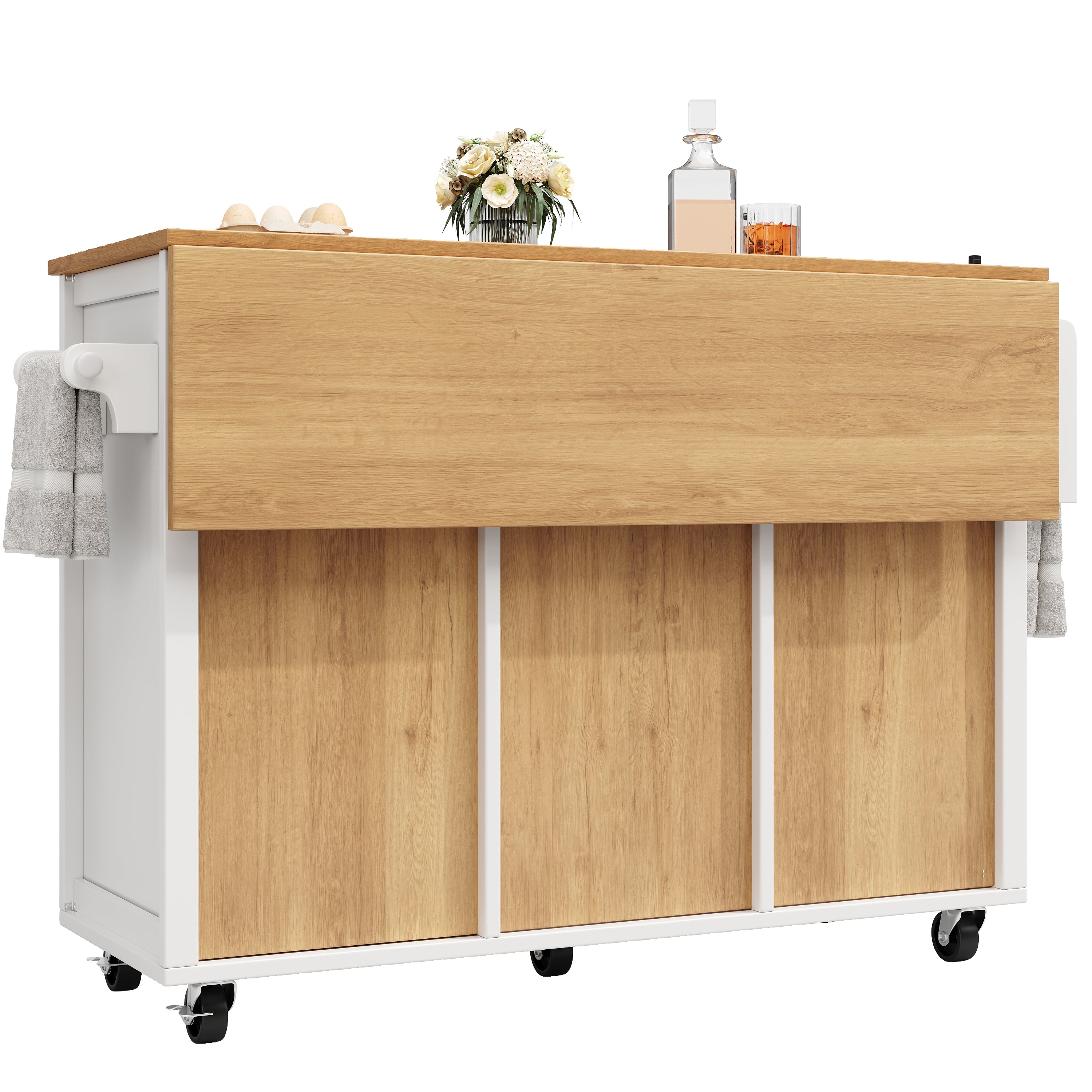 Kitchen Island with Extendable Trolley and Storage Drawers, White/Black