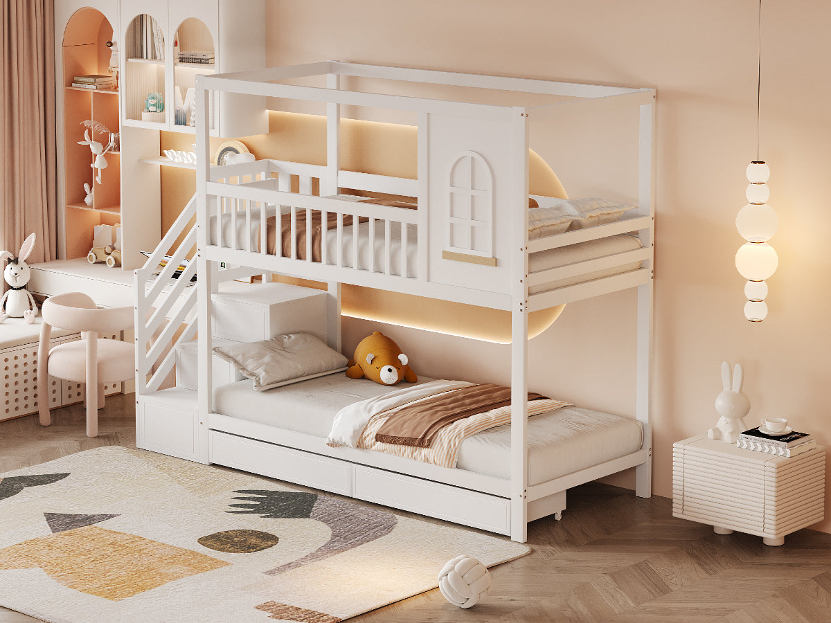 Bunk Bed Solid Wood 90x200cm House Shape with Drawers and Ladder, White