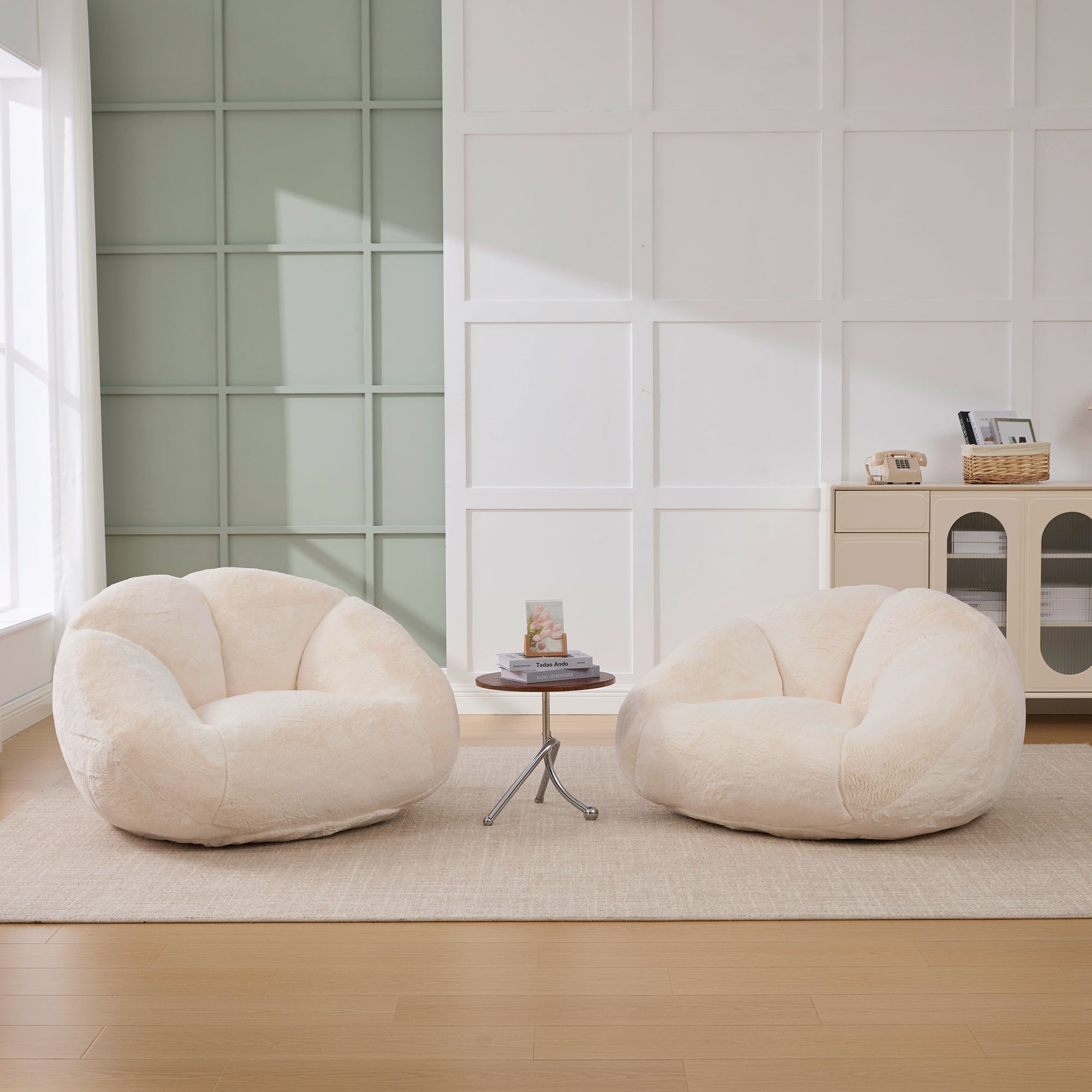 Soft Plush Beanbag Sofa with Non-Slip Base and Memory Foam, White Artificial Rabbit Fur