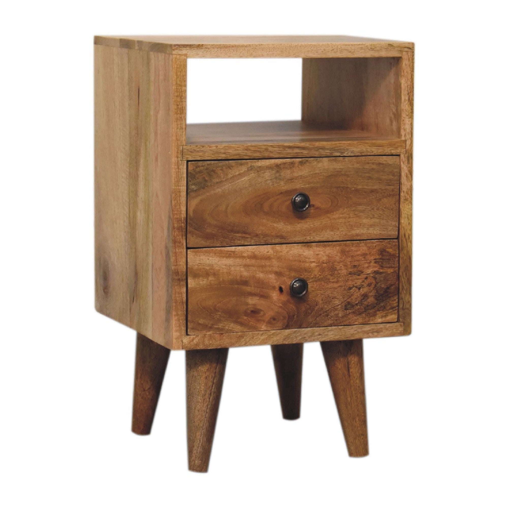 Solid Wood Bedside, Mini Classic Open 2 Drawers and Open Slot, Oak-ish Brown