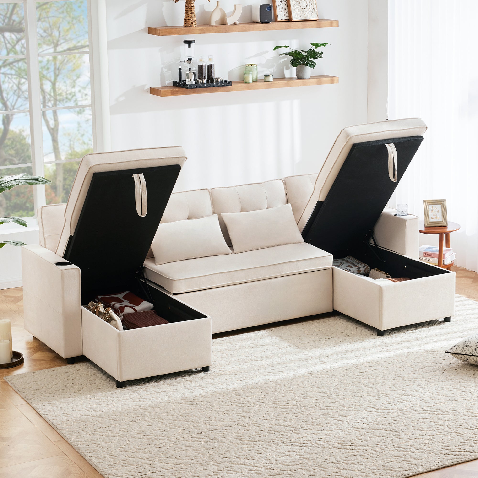 Sofa Bed, U-shaped Sleeper with Cupholder & Storage, Cotton Linen Fabric