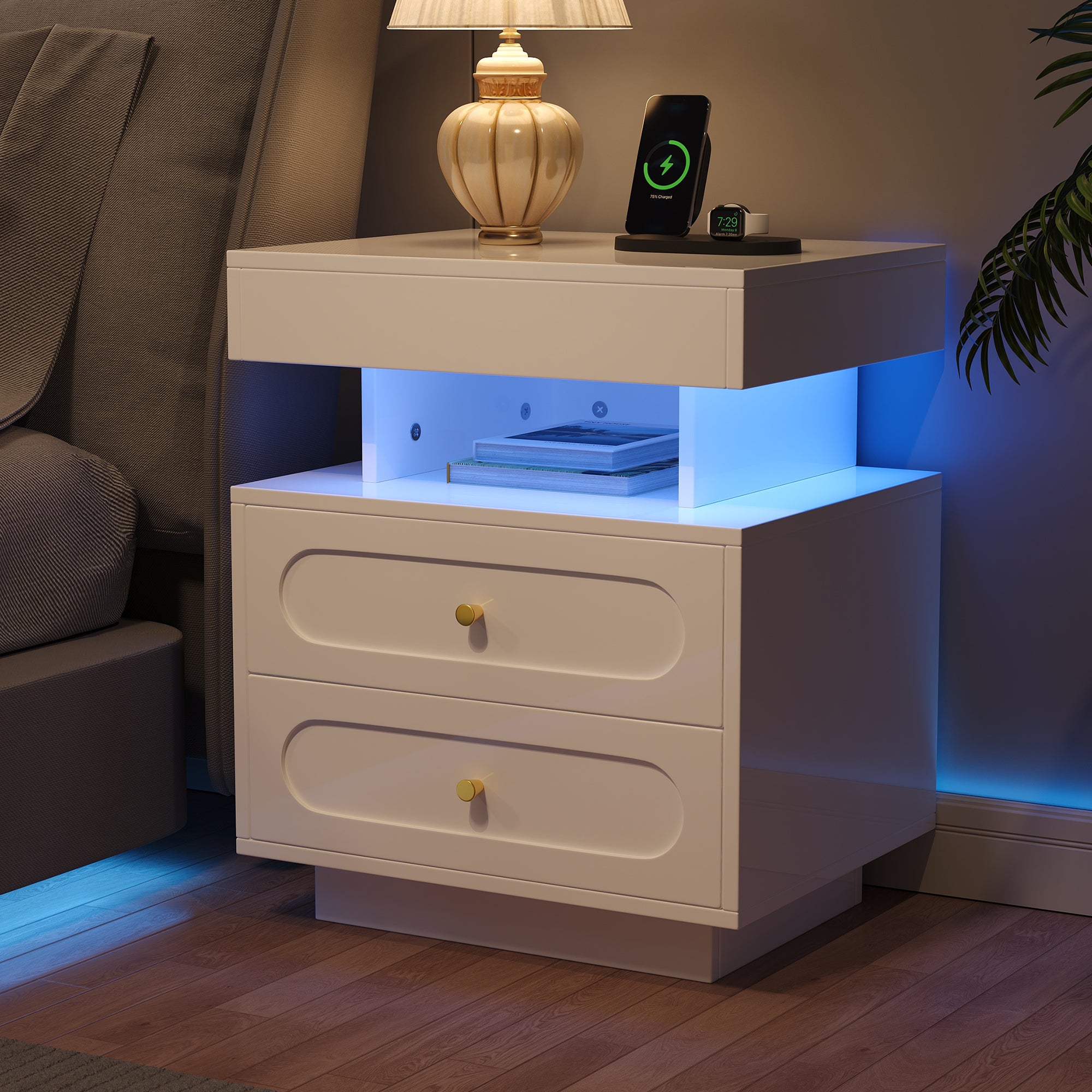 Bedside Table Nightstand with LED, 2 Drawers & Open Storage, White