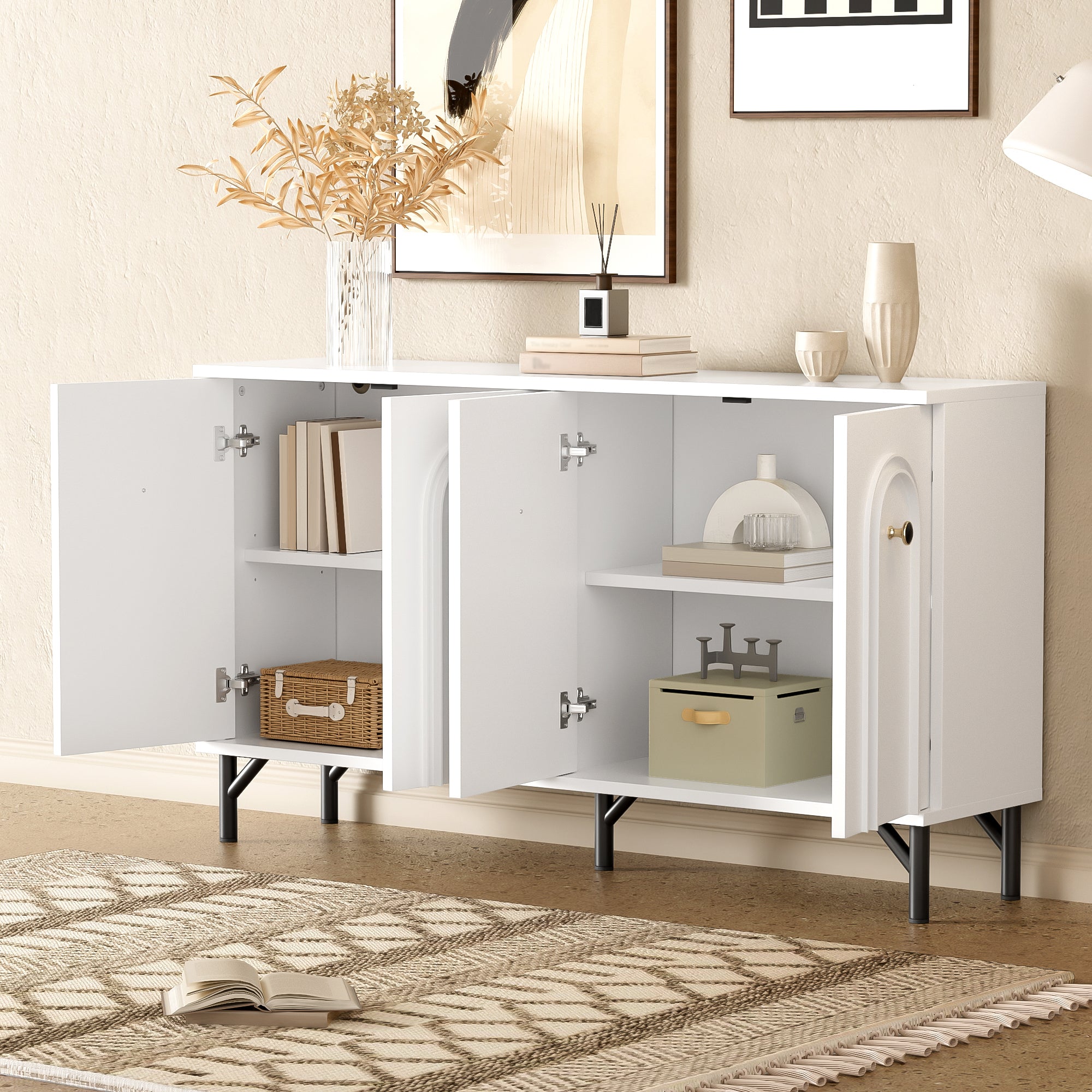 Sideboard, 4-Door with Curved Front, Adjustable Shelves, White