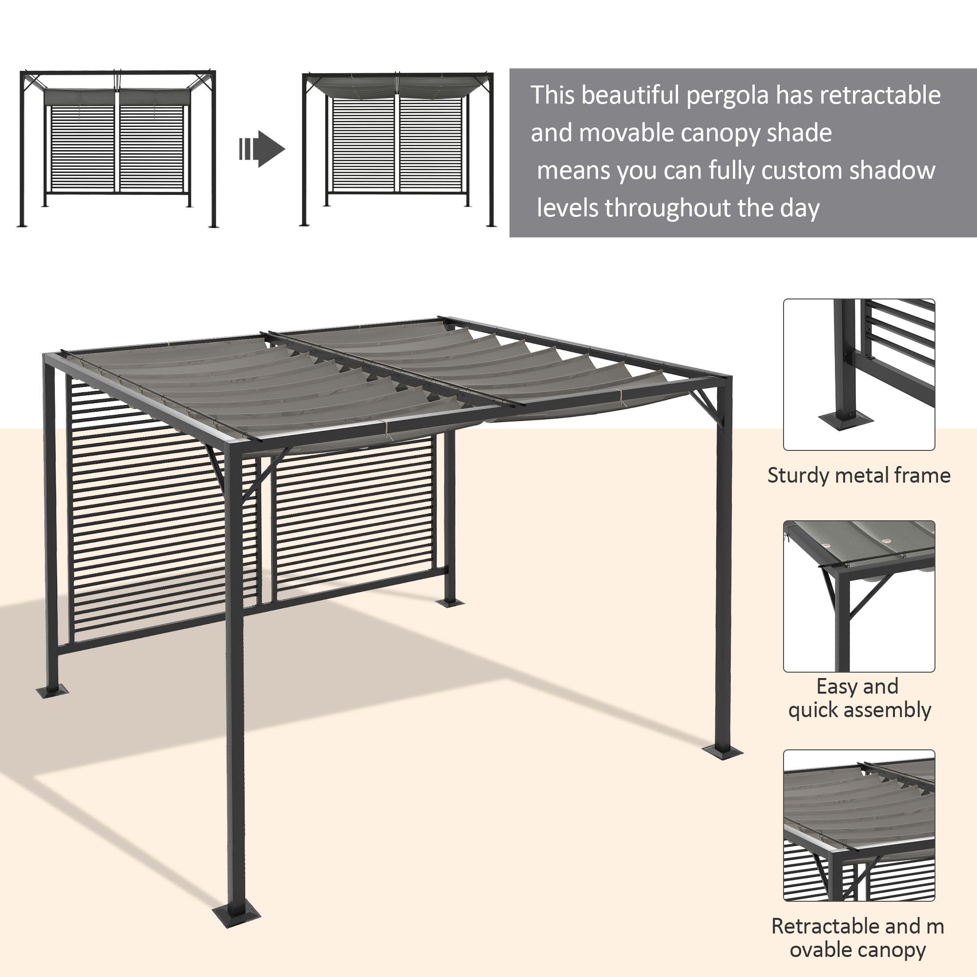 Metal Pergola 3x2.8m Retractable Fabric Roof Grey