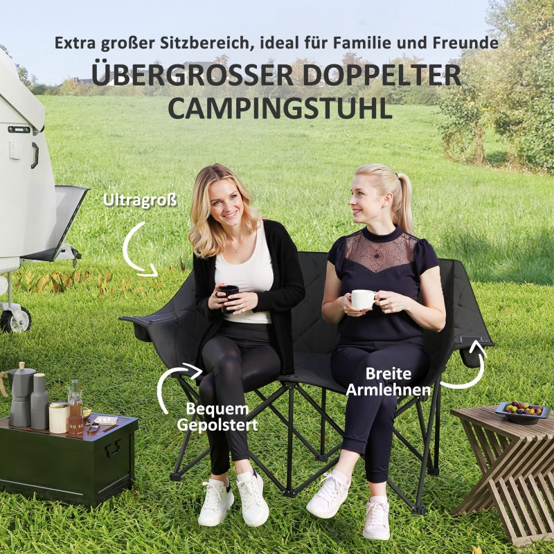 Folding Chair, 2-Seater Camping with Cooler Bags, 250 kg Load, Padded, Metal