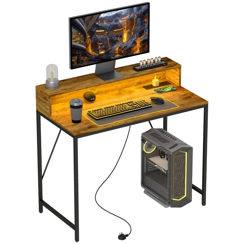100cm Computer Desk, LED Lights Power Outlets Monitor Stand, Rustic Brown