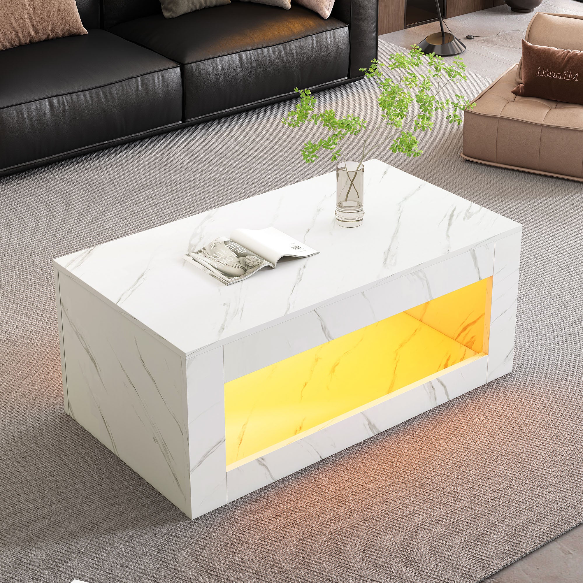 LED Coffee Table High-Gloss Remote Control Marble Print - White
