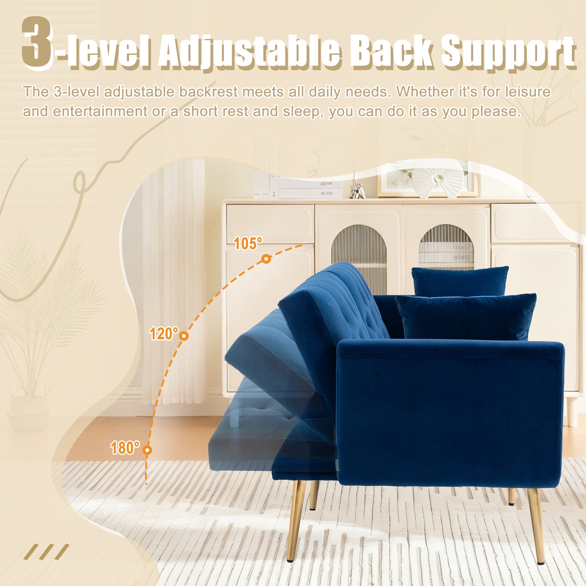 GOMYWAY 2-Seater Sofa Bed, 3-Speed Adjustable Backrest, Velvet Upholstery Navy