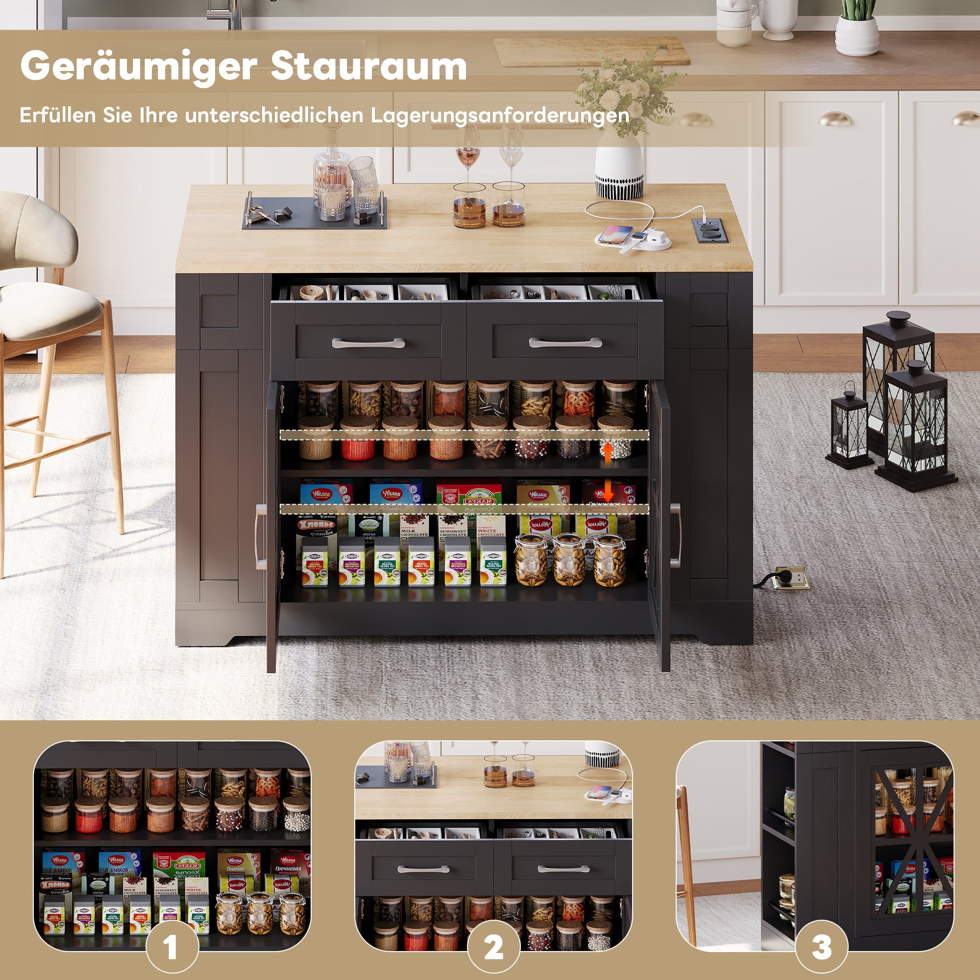 Portable Kitchen Island with Folding Dining Table, AC and USB Ports and Glass Door, Wood Effect