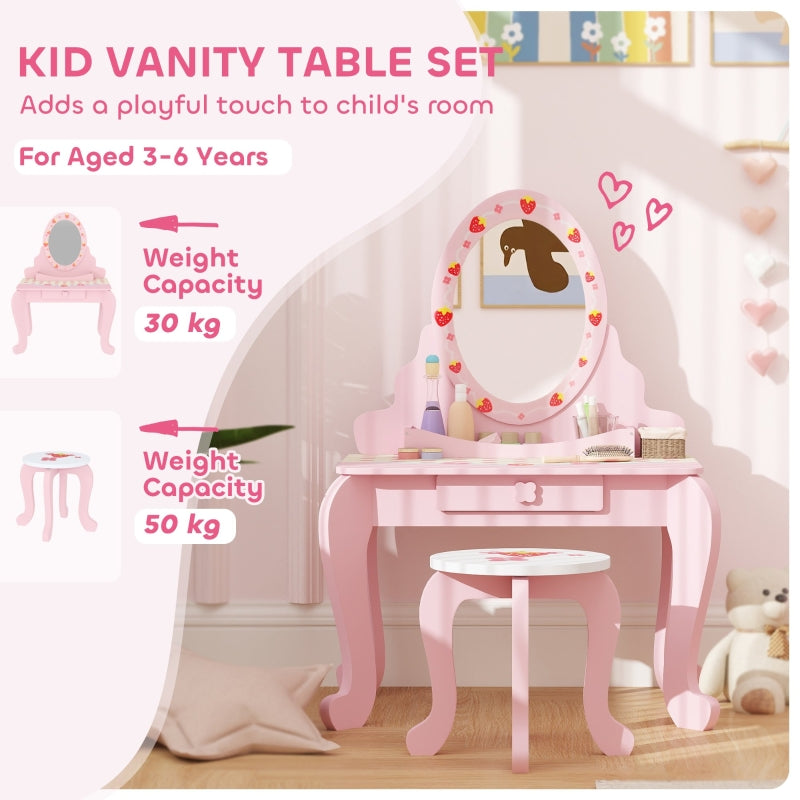 Kids Dressing Table Set Vanity Table with Stool Mirror Drawer Storage Pink