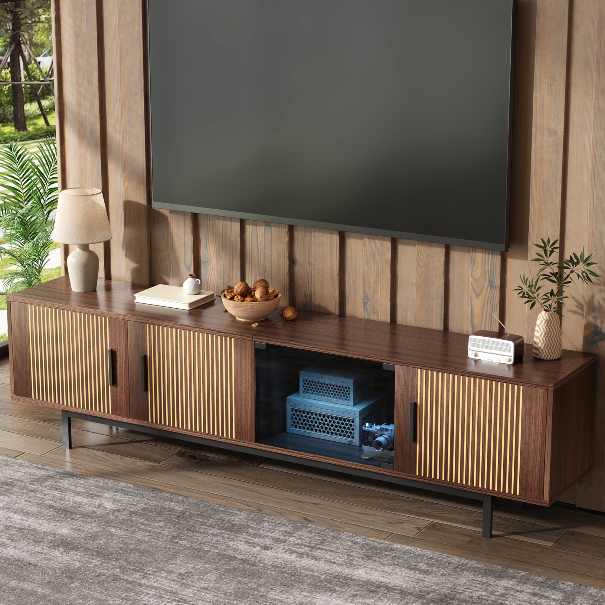 TV Cabinet, Carved Texture LED Lowboard with Tempered Glass, Black and Wood