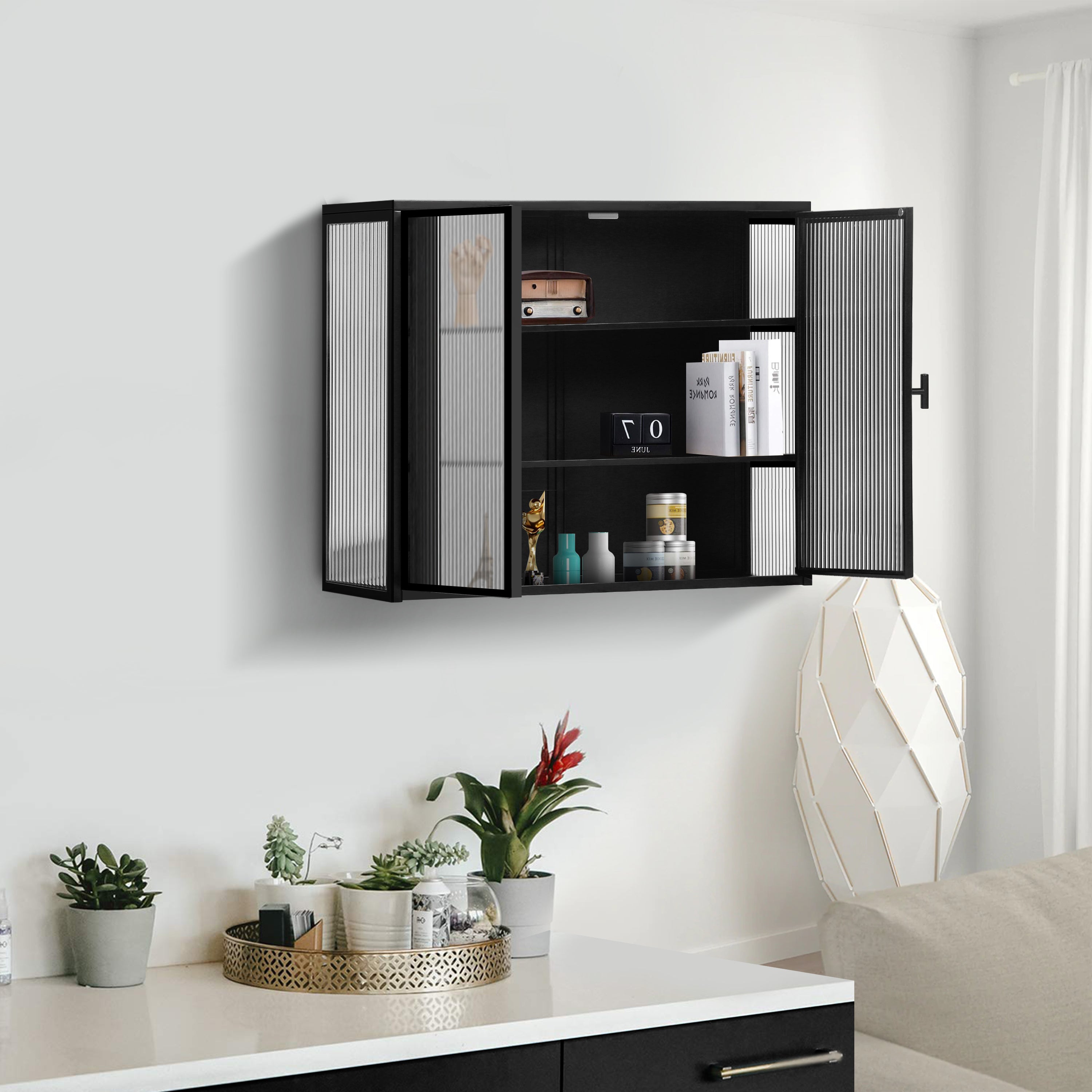 Wall Cabinet 70cm Glass Door Two-Door Three-Tier Storage, Black
