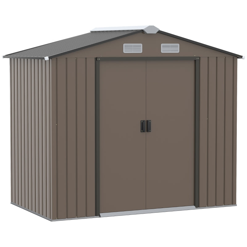 7 x 4ft Garden Shed, Outdoor Storage with Double Doors and Ventilation, Brown Metal