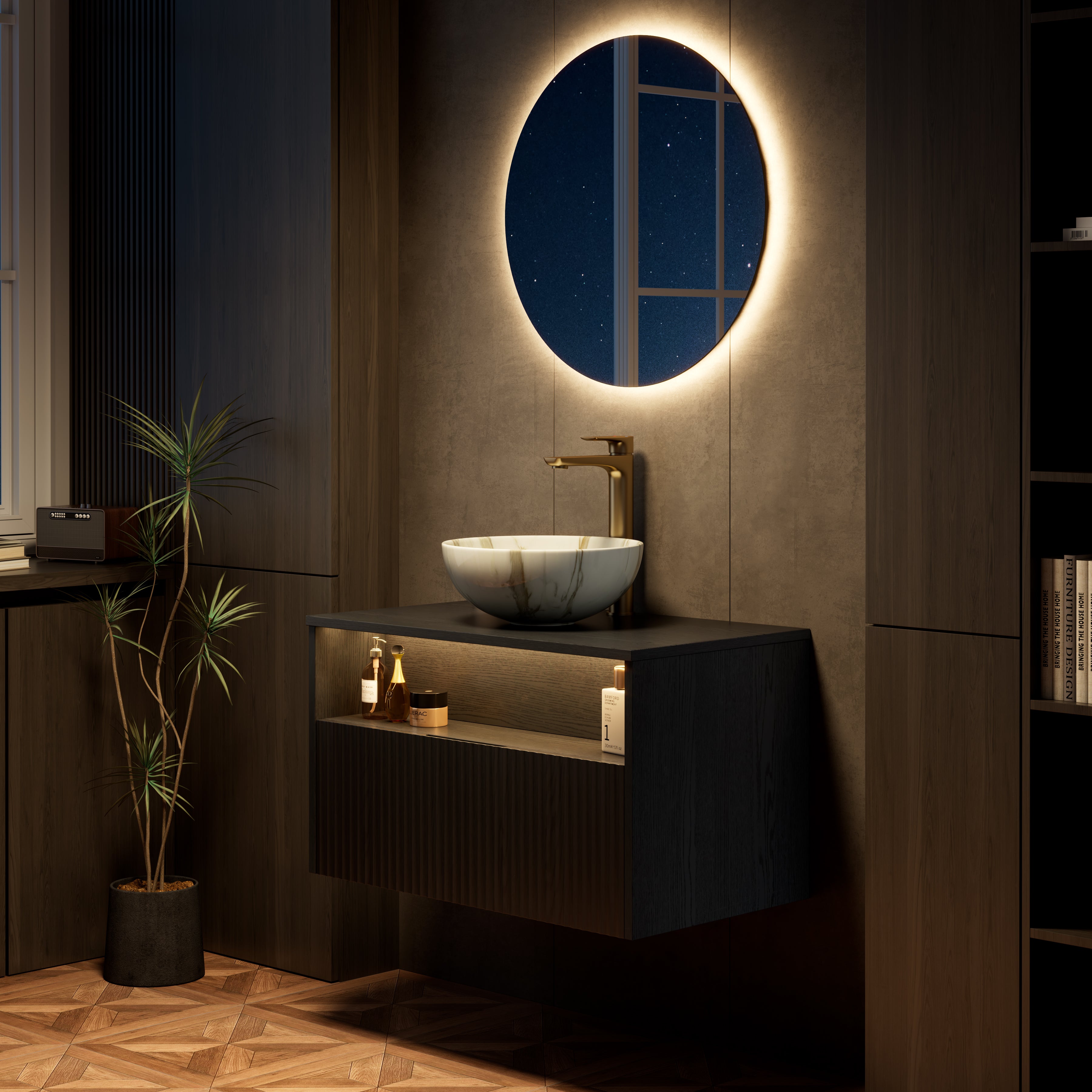 Floating Bathroom Vanity with Ceramic Basin and Sensor Light, 80cm Plywood, Black