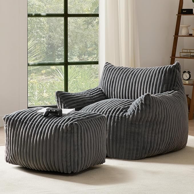 Bean Bag Chair with Footrest, Shredded Foam with Effortless Rebound, Corduroy