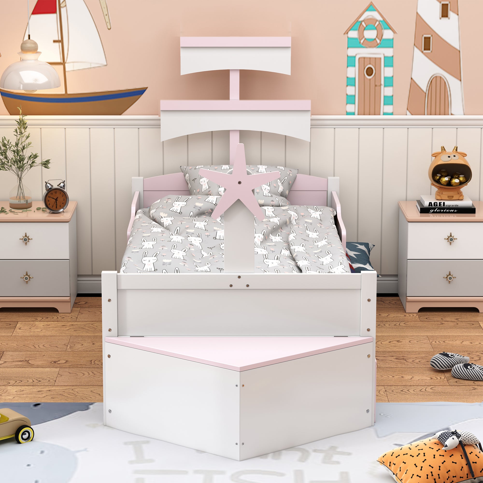 Children's Bed 90*200, Sailboat Shape with Pull-Out Bed & Storage, Pink Wood