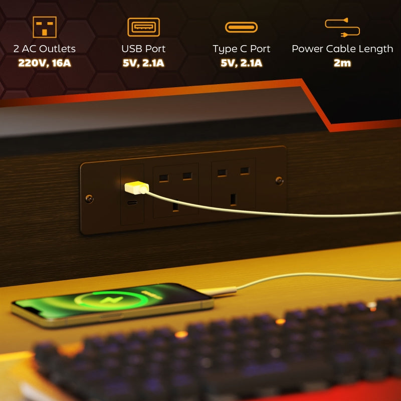 Gaming Desk with LED Lights, Power Outlets, Monitor Stand, Z Shaped 100x60cm, Black