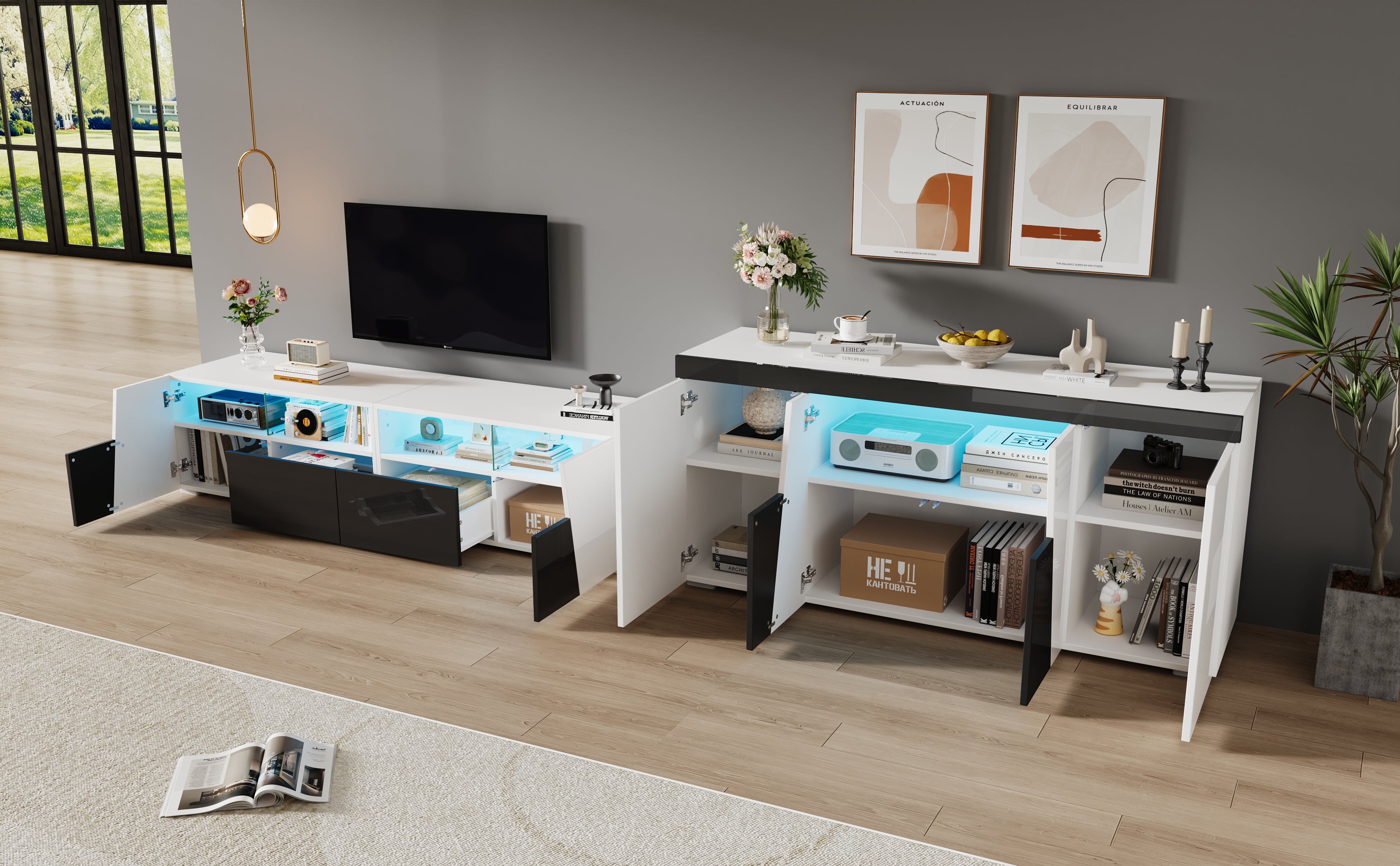 TV Cabinet and Sideboard Set High-Gloss LED Lowboard - Black and White