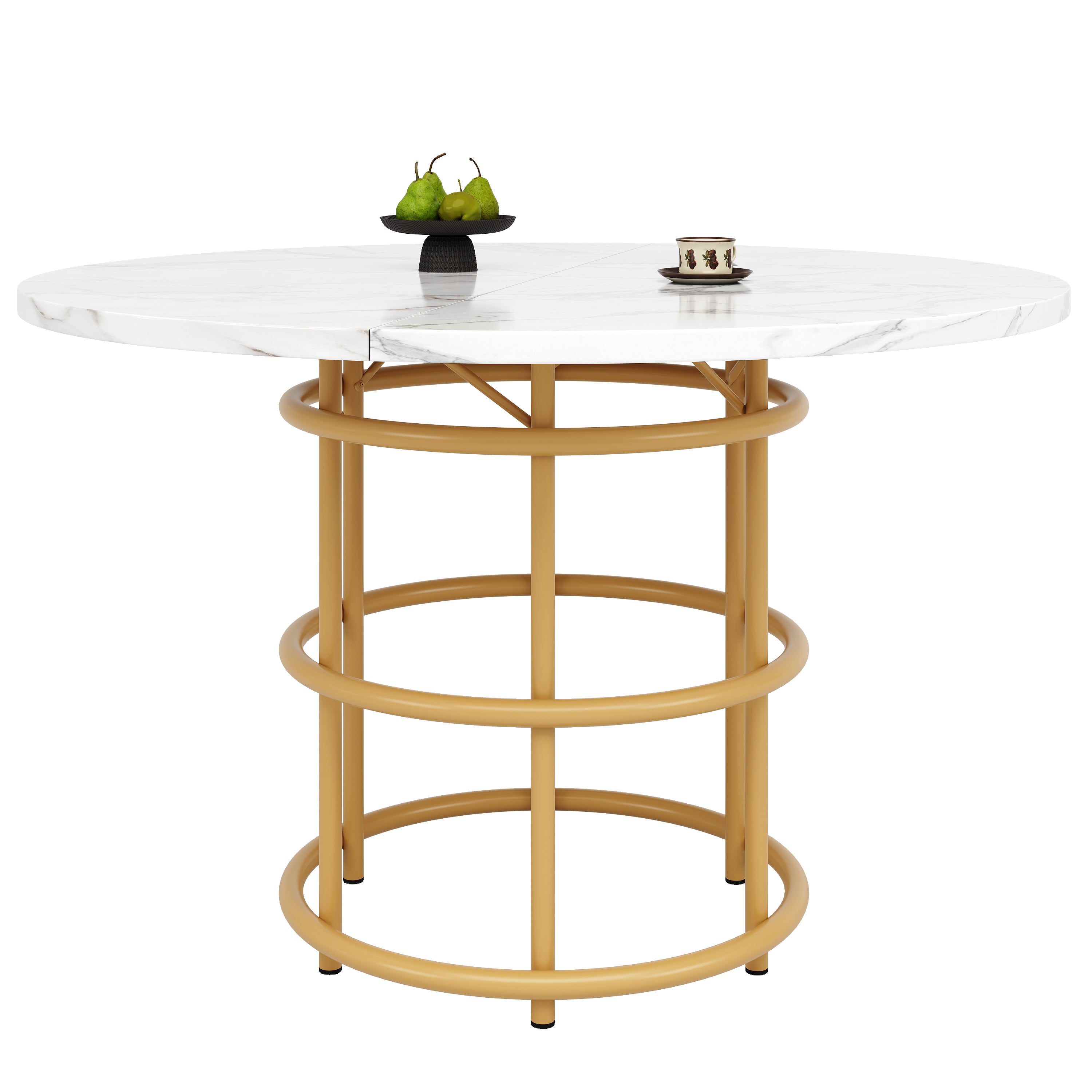 Round Dining Table 100cm 4-6 Seat Metal Ring Legs - Marbled MDF / Gold