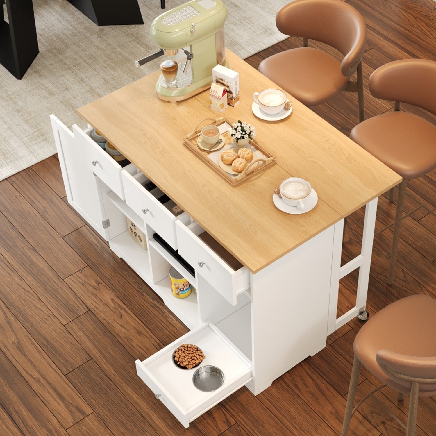 Kitchen Trolley, Mobile Serving Island Drawer Pet Food Area, White