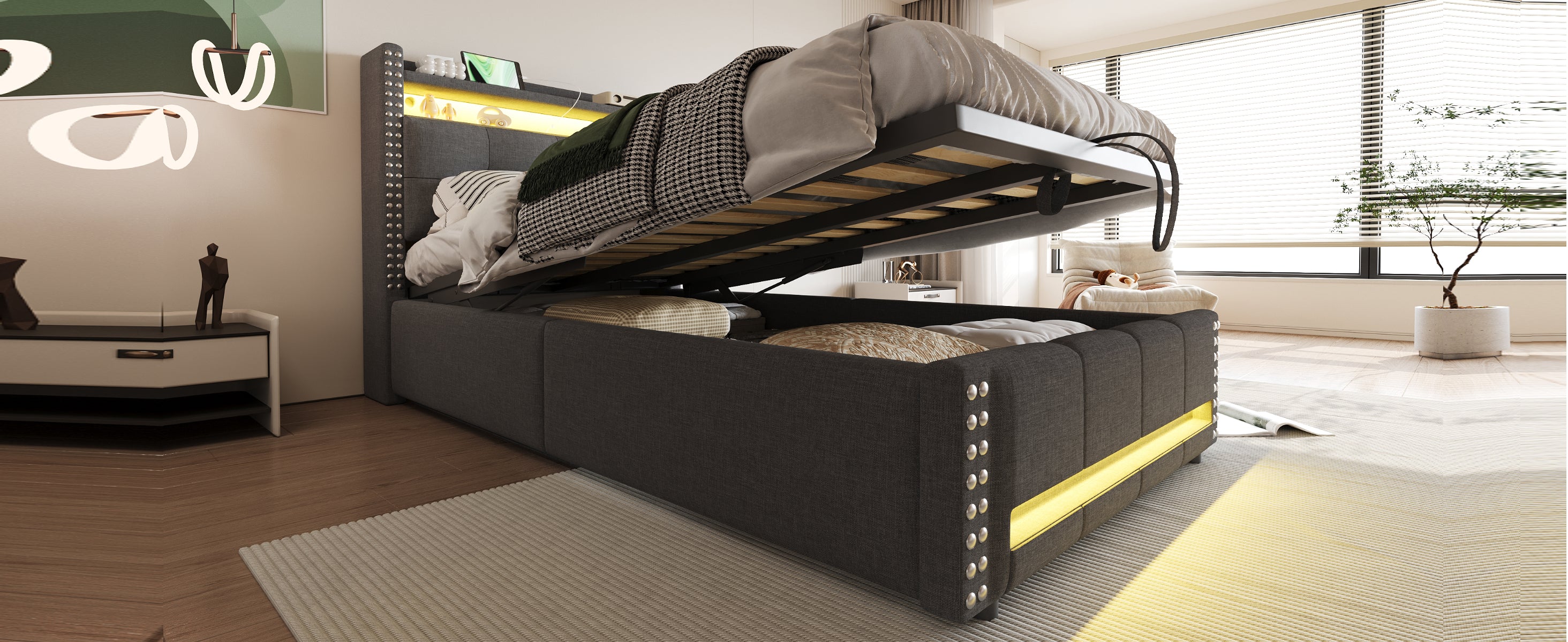 Upholstered Children's Bed 90x200cm, LED & USB, Storage Headboard, Grey Linen