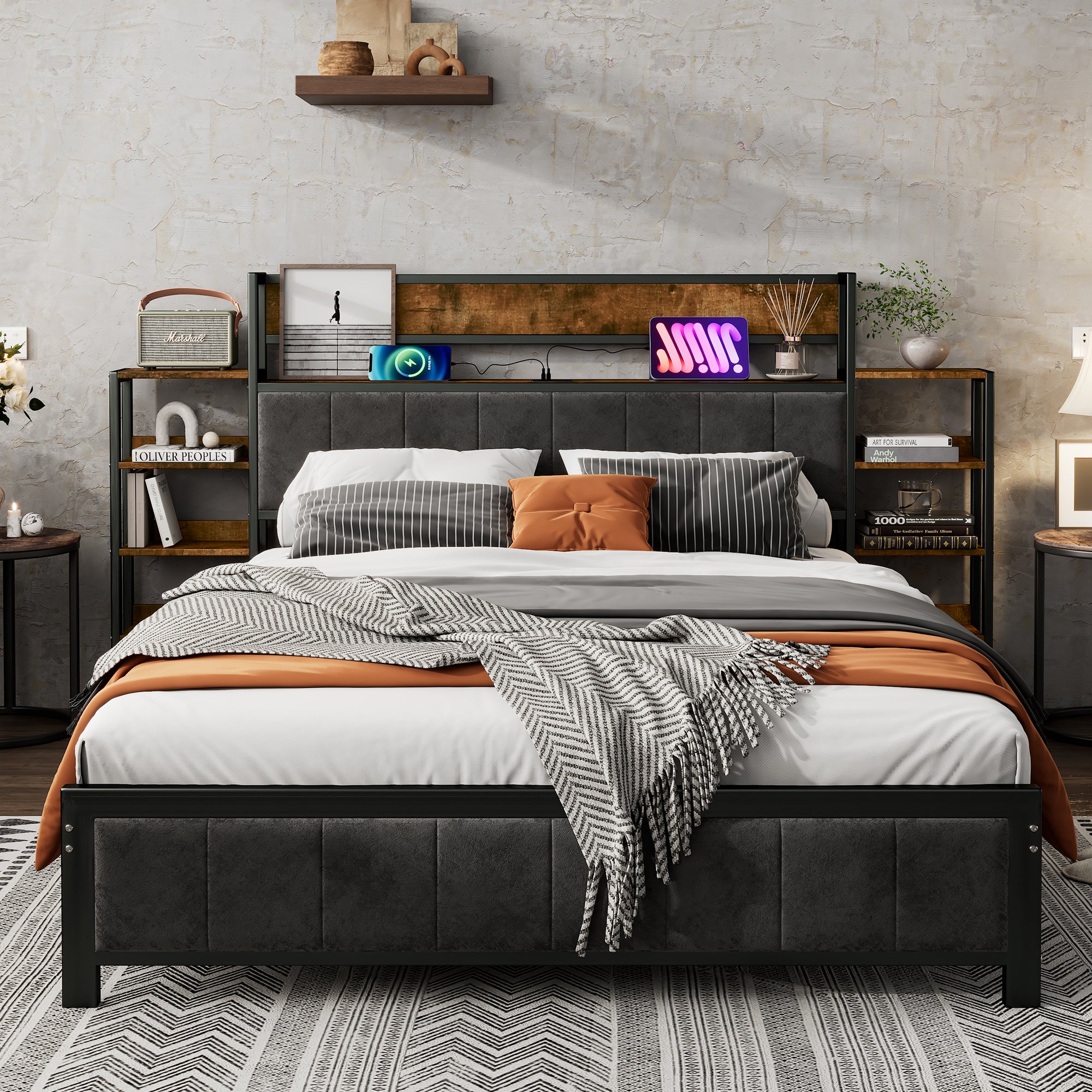 Metal Bed, Storage with Shelf & 3 USB Ports, Black & Walnut